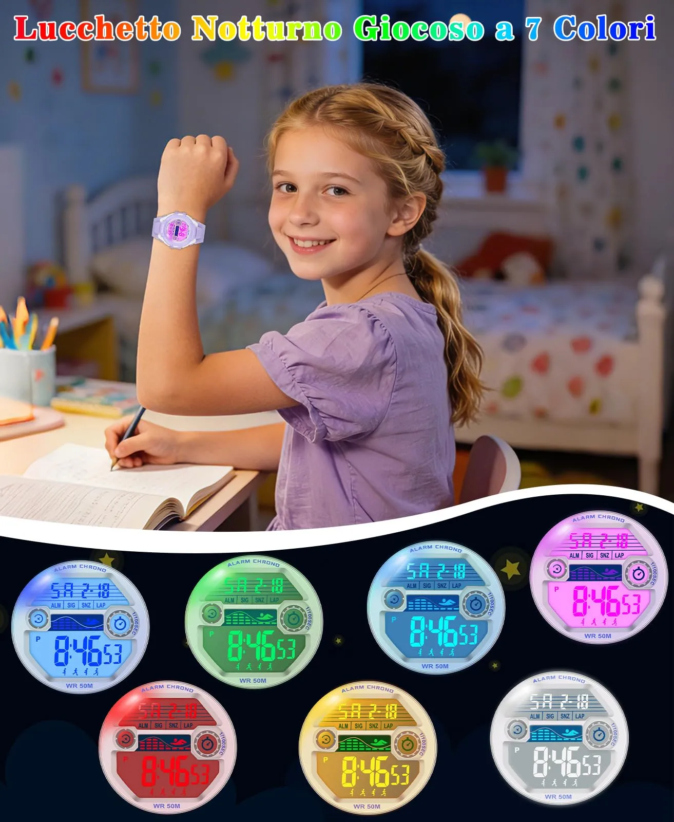 SOCICO Orologio Digitale Impermeabile 5ATM con Luce 7 Colori per Bambini SOC-3015 - immagine 6