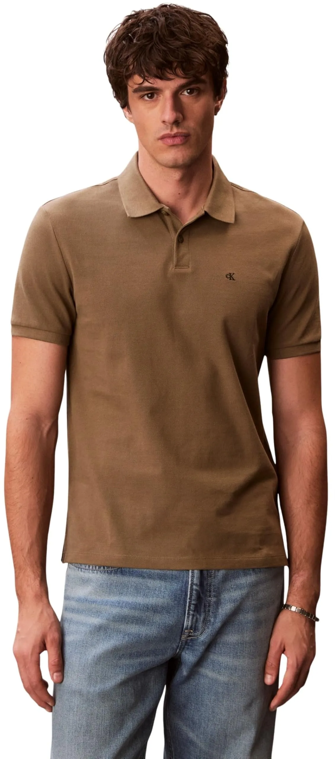 Calvin Klein Polo Monogram Pique in Cotone, Marrone Capers, XS - immagine 1