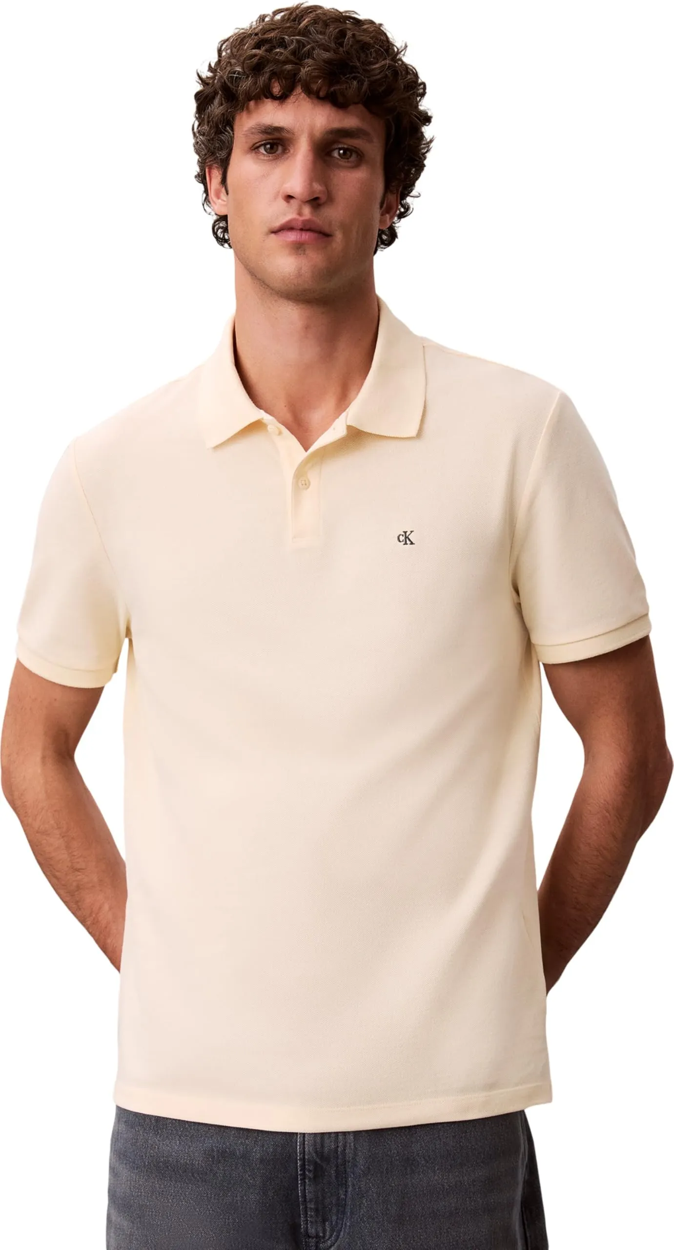 Calvin Klein Uomo Maglietta Polo Monogram Pique in Cotone, Vanilla Custard, M - immagine 1