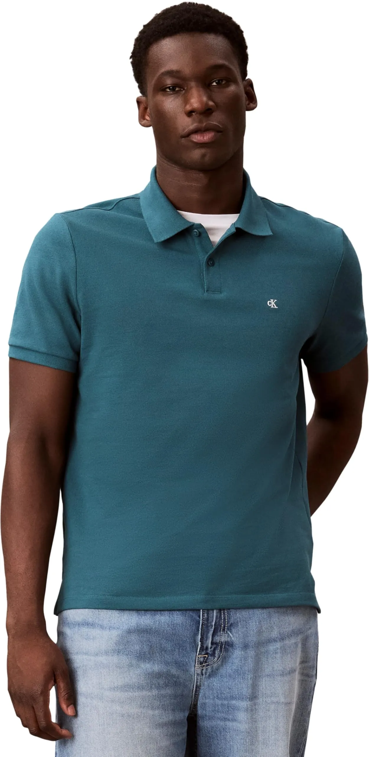 Calvin Klein Monogram Pique Cotton Short Sleeve Polo Shirt - Tahoe Green, S - immagine 1