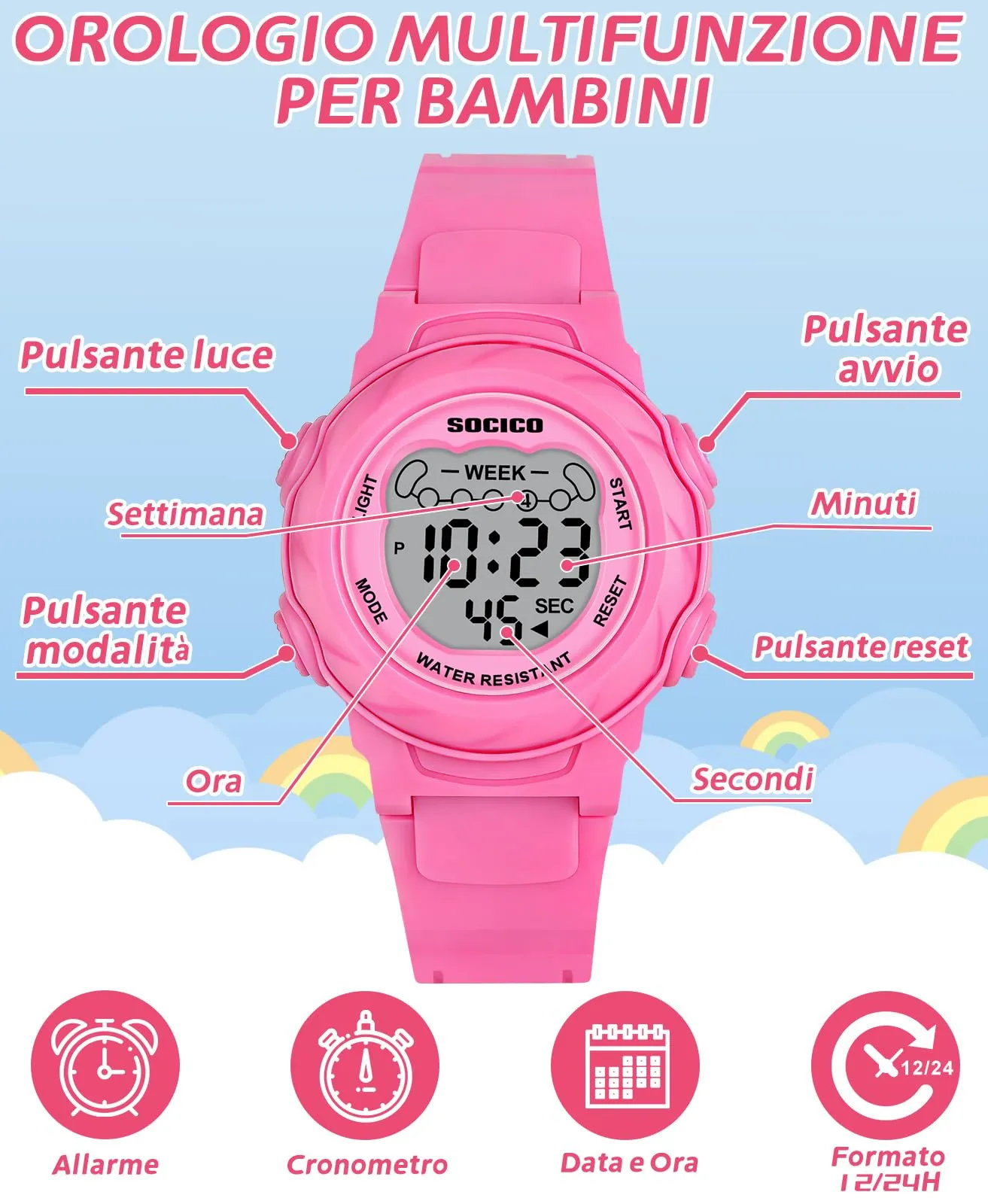 SOCICO Orologio Digitale Impermeabile 5ATM con Luce 7 Colori per Bambini - immagine 5