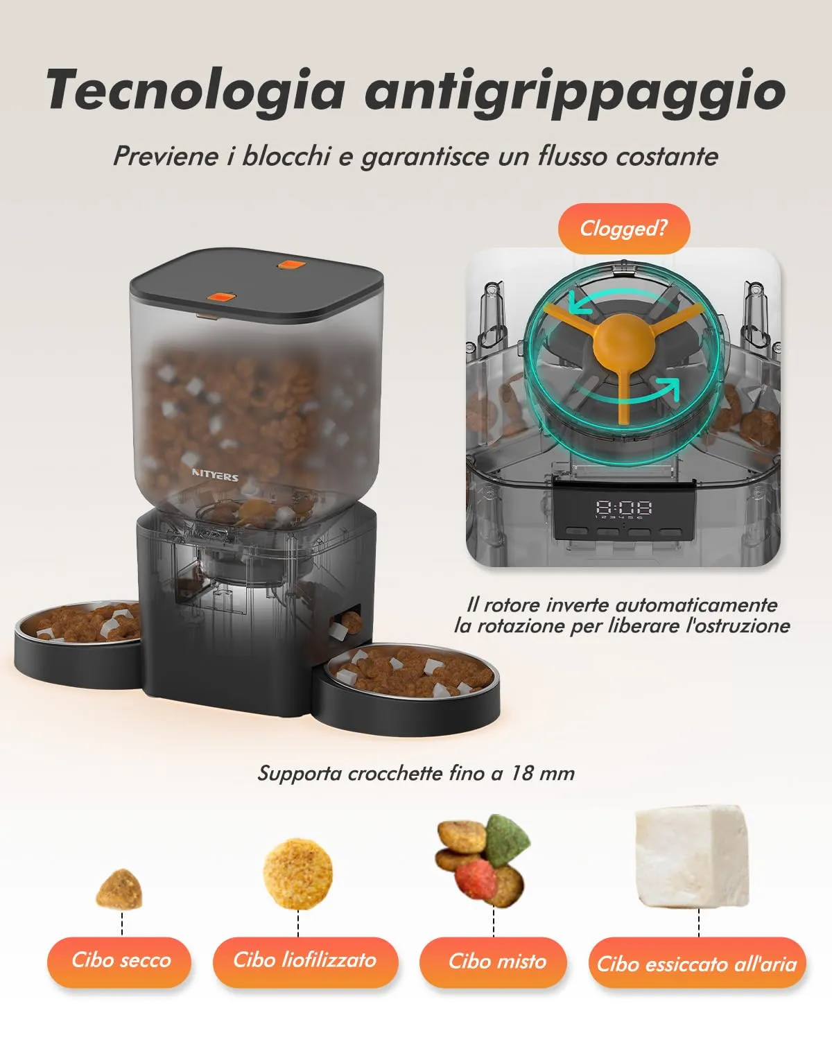 Nityers Distributore Automatico Cibo Gatti con 2 Ciotole, 8L, QQ-N21 - immagine 5
