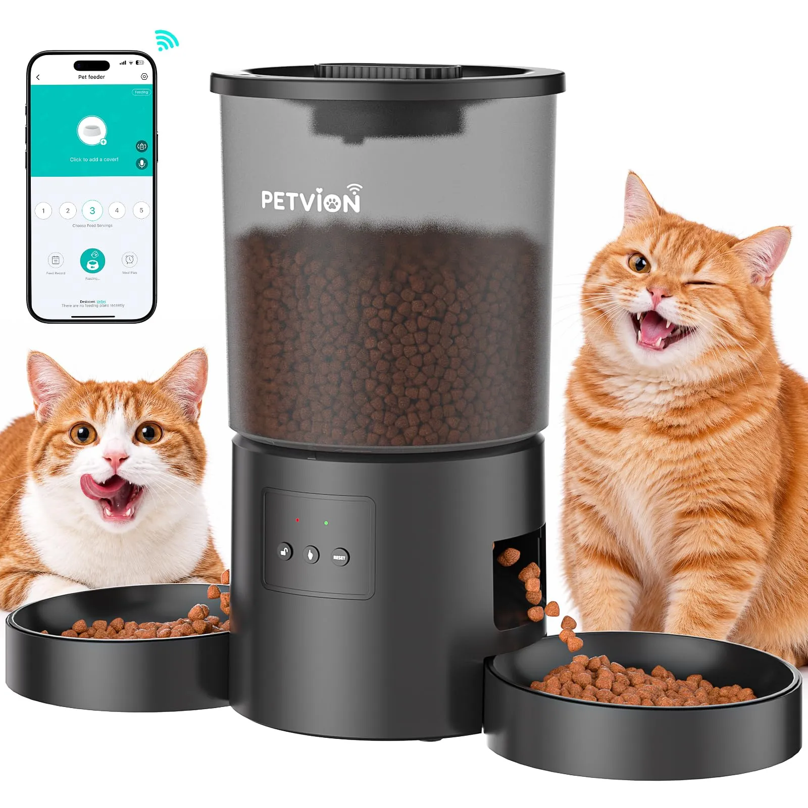 PETVION Distributore Automatico di Cibo per Gatti e Cani, WiFi 2.4G, 4L, Doppia Ciotola - immagine 1