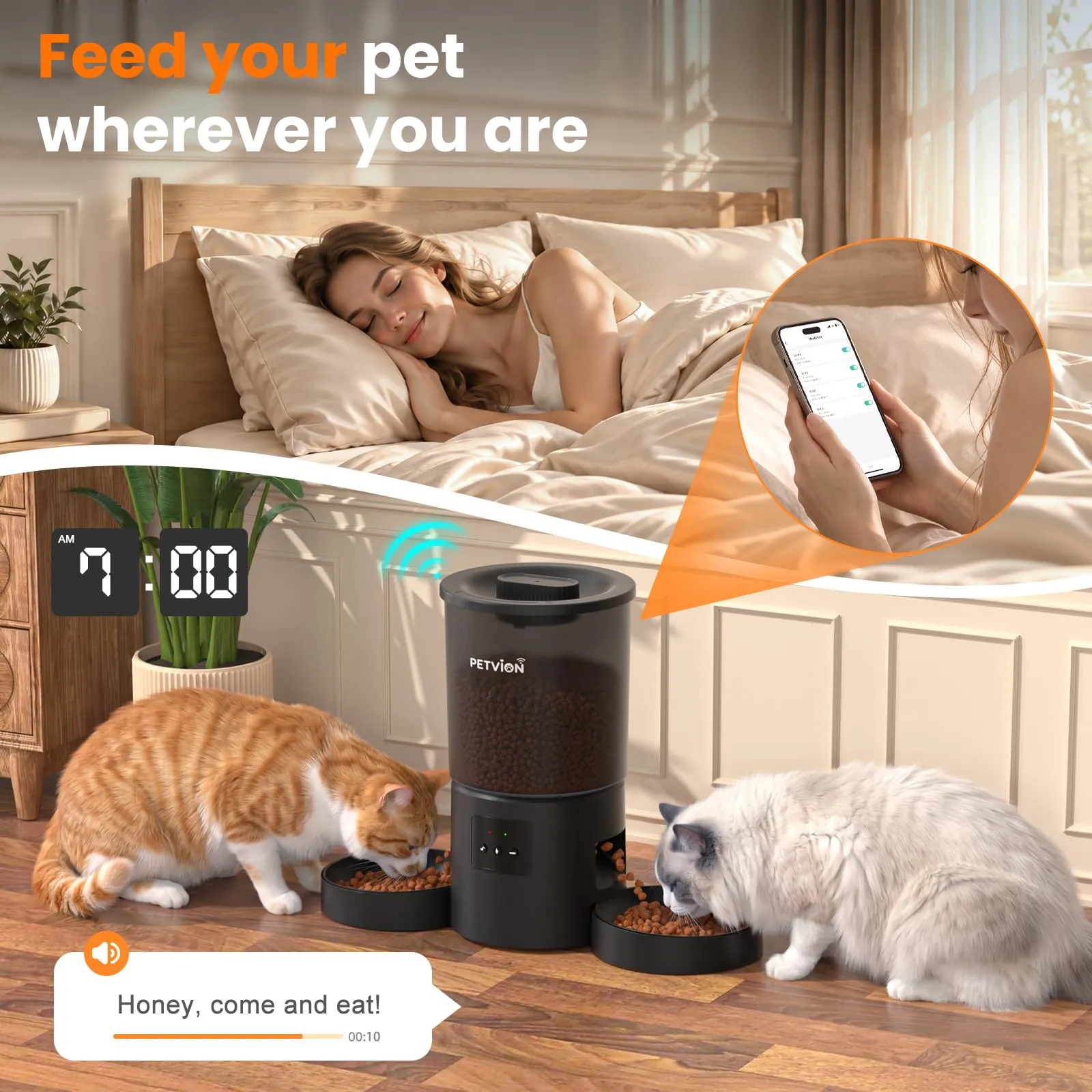 PETVION Distributore Automatico di Cibo per Gatti e Cani, WiFi 2.4G, 4L, Doppia Ciotola - immagine 2