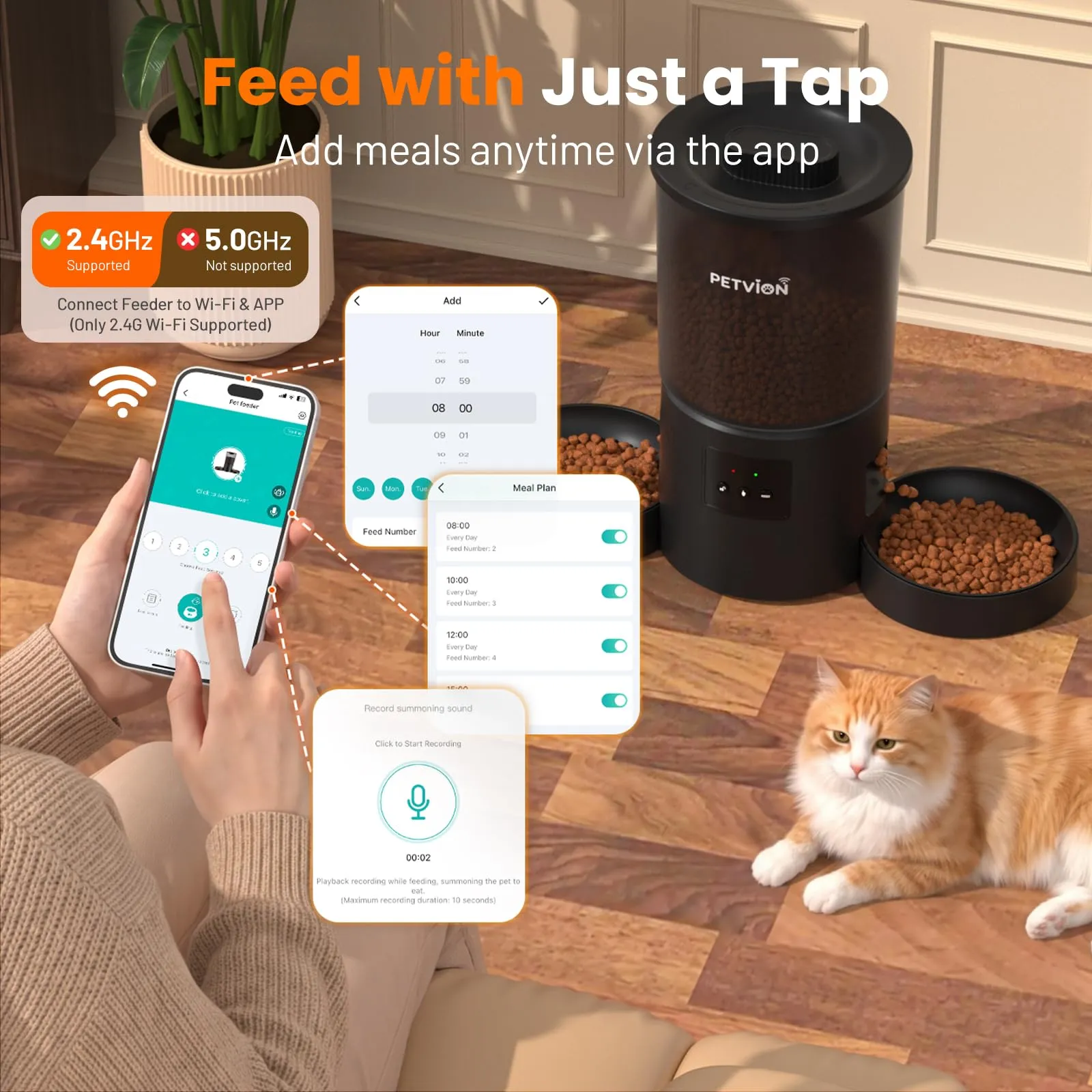 PETVION Distributore Automatico di Cibo per Gatti e Cani, WiFi 2.4G, 4L, Doppia Ciotola - immagine 3