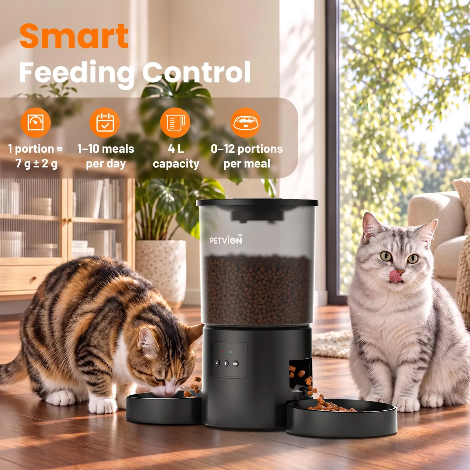 PETVION Distributore Automatico di Cibo per Gatti e Cani, WiFi 2.4G, 4L, Doppia Ciotola - immagine 4