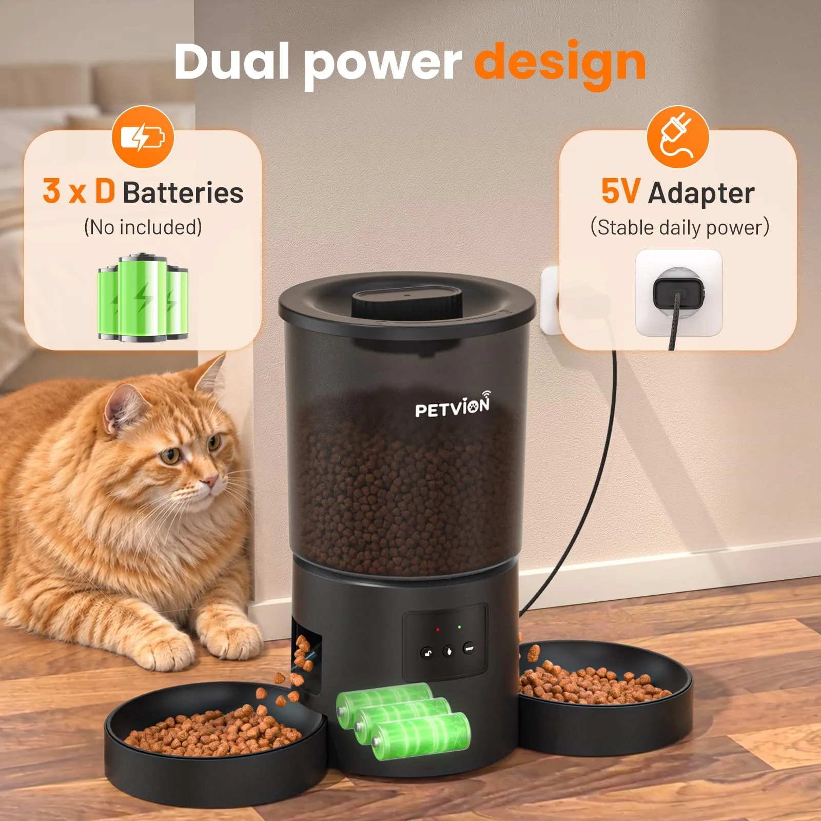 PETVION Distributore Automatico di Cibo per Gatti e Cani, WiFi 2.4G, 4L, Doppia Ciotola - immagine 5