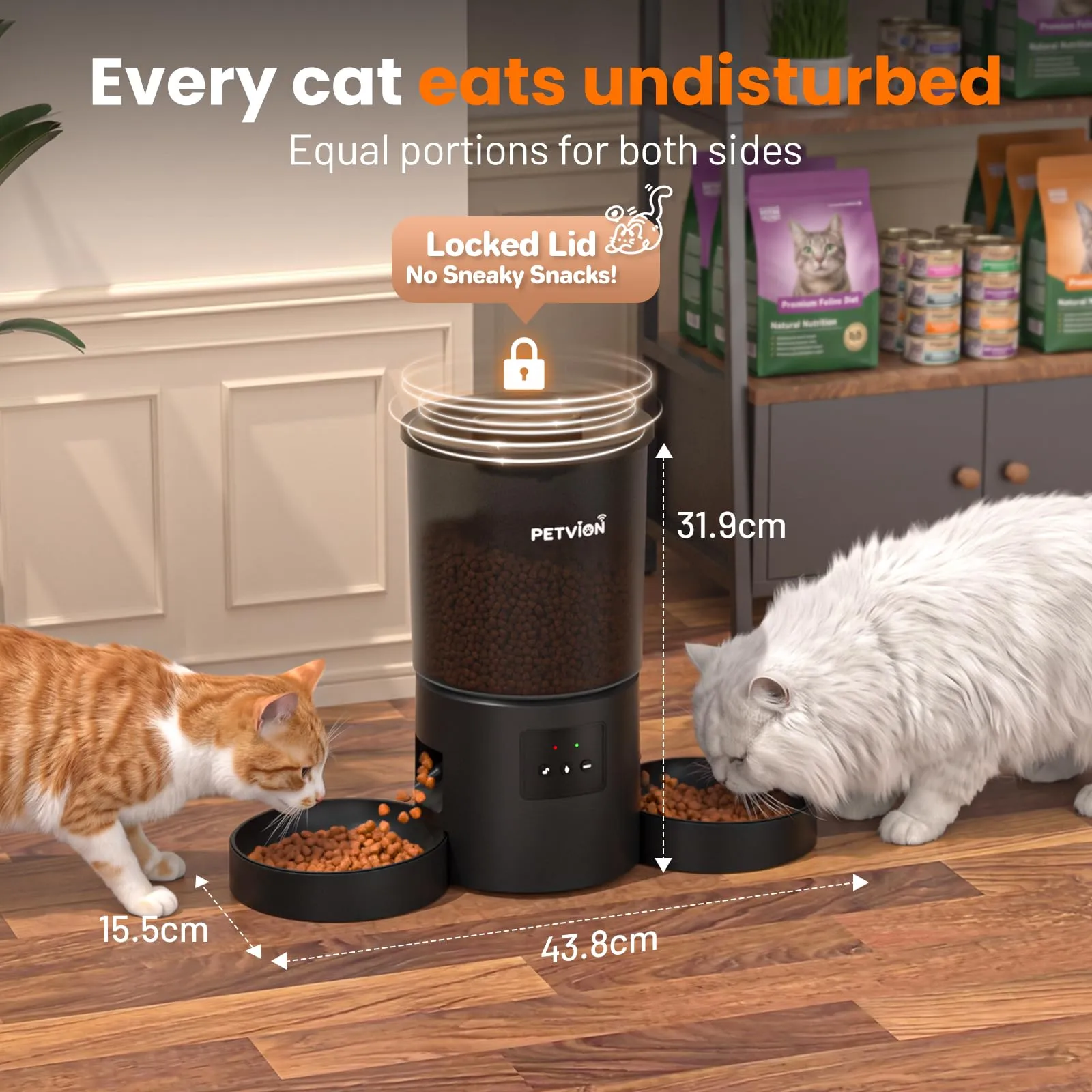 PETVION Distributore Automatico di Cibo per Gatti e Cani, WiFi 2.4G, 4L, Doppia Ciotola - immagine 8