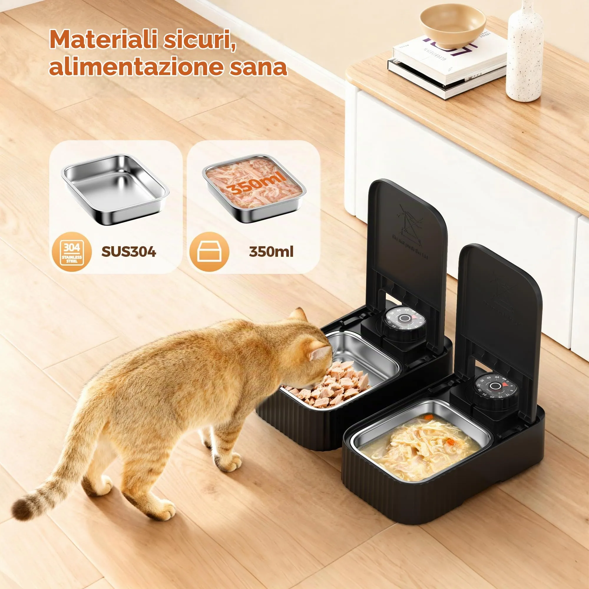 SOOFPET Distributore Cibo Gatti Automatico con Timer 48 Ore e Ciotola in Acciaio Inossidabile per Alimenti Secchi e Umidi, Nero, F22-S - immagine 2
