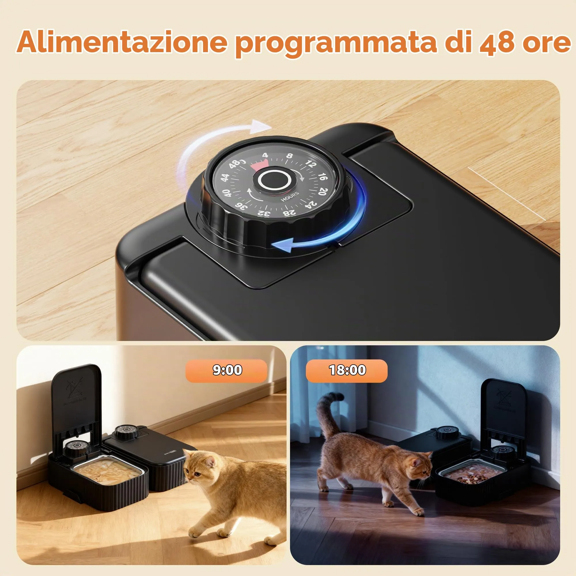 SOOFPET Distributore Cibo Gatti Automatico con Timer 48 Ore e Ciotola in Acciaio Inossidabile per Alimenti Secchi e Umidi, Nero, F22-S - immagine 4