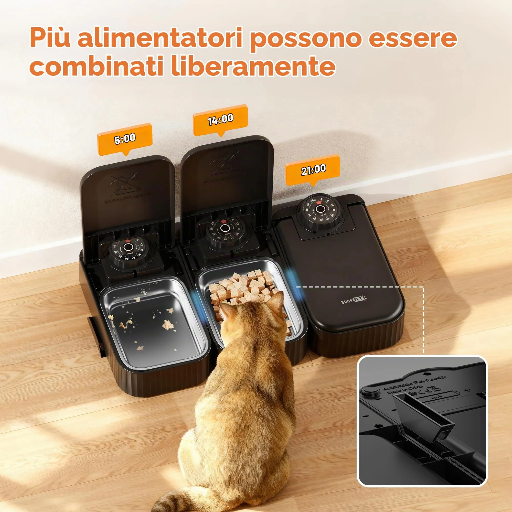 SOOFPET Distributore Cibo Gatti Automatico con Timer 48 Ore e Ciotola in Acciaio Inossidabile per Alimenti Secchi e Umidi, Nero, F22-S - immagine 5
