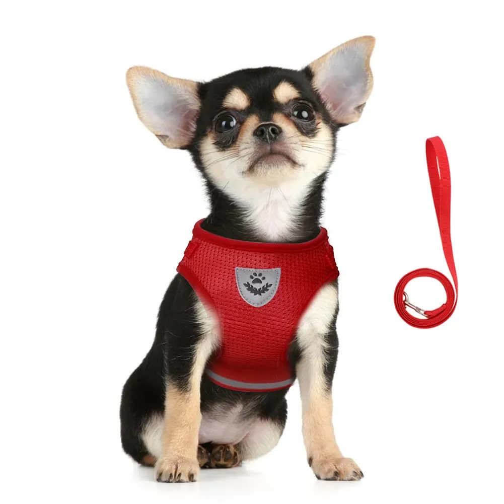FEimaX Set Imbracatura e Guinzaglio per Cani e Gatti, Imbottita, Traspirante, Riflettente, Taglia M (Torace 35-40cm), Rosso - immagine 1