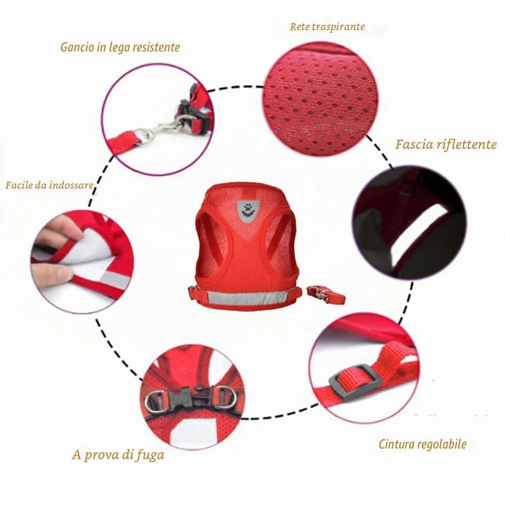 FEimaX Set Imbracatura e Guinzaglio per Cani e Gatti, Imbottita, Traspirante, Riflettente, Taglia M (Torace 35-40cm), Rosso - immagine 3