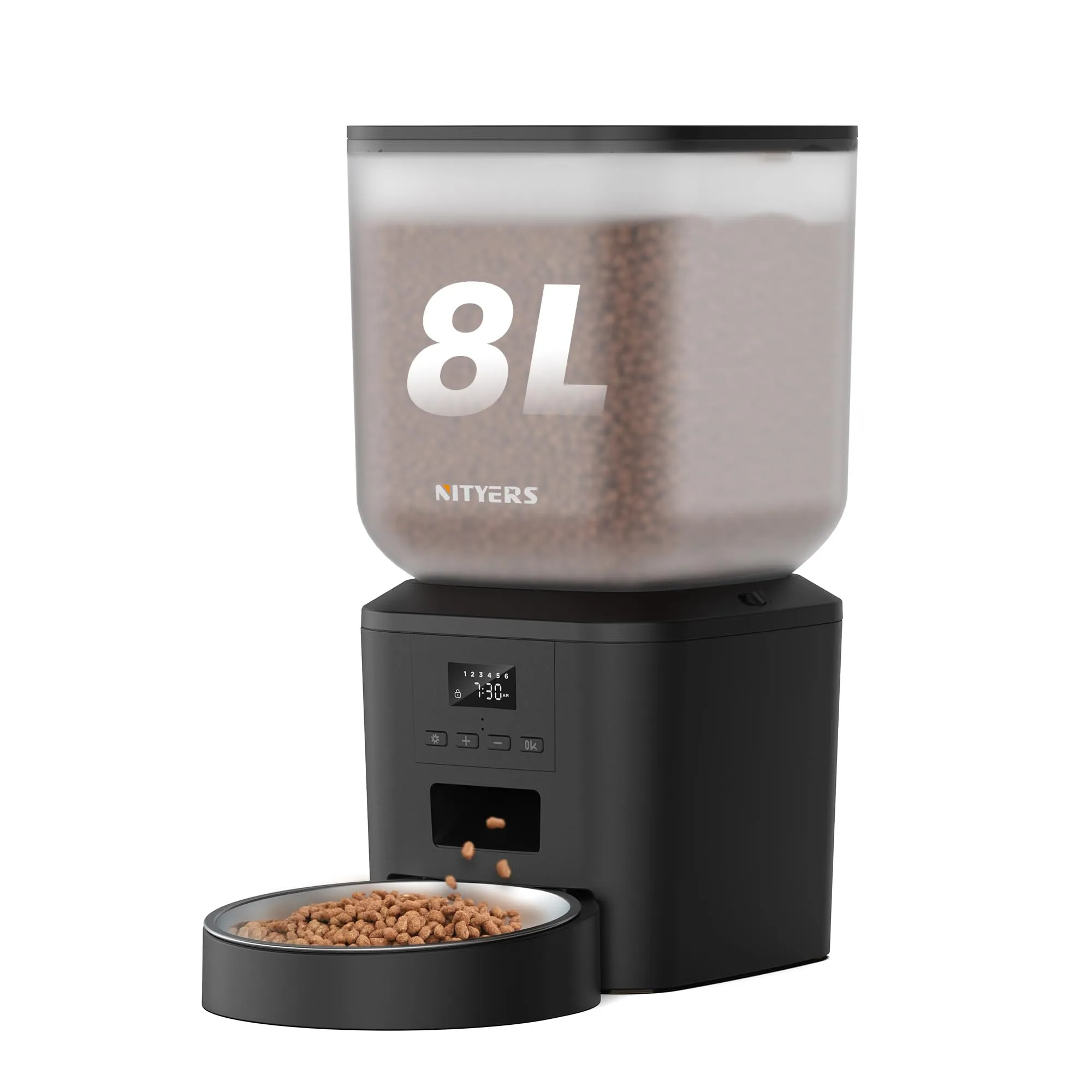 Nityers Distributore Automatico Cibo Gatti e Cani, Capacità 8L, Crocchette fino a 18 mm, Ciotola in Acciaio Inox, Alimentazione Duale, Registratore Vocale 10s, QQ-021 - immagine 1