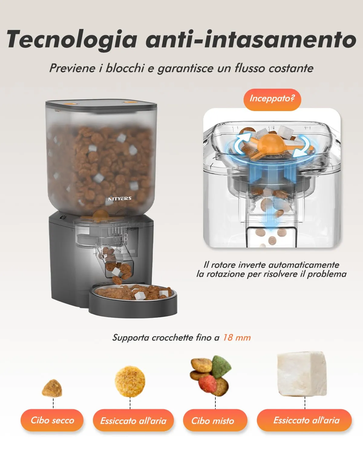 Nityers Distributore Automatico Cibo Gatti e Cani, Capacità 8L, Crocchette fino a 18 mm, Ciotola in Acciaio Inox, Alimentazione Duale, Registratore Vocale 10s, QQ-021 - immagine 3