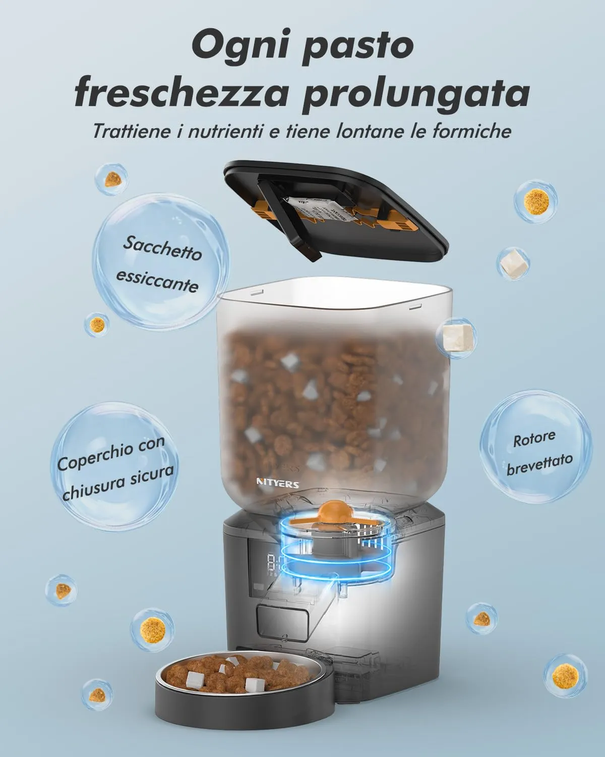 Nityers Distributore Automatico Cibo Gatti e Cani, Capacità 8L, Crocchette fino a 18 mm, Ciotola in Acciaio Inox, Alimentazione Duale, Registratore Vocale 10s, QQ-021 - immagine 4