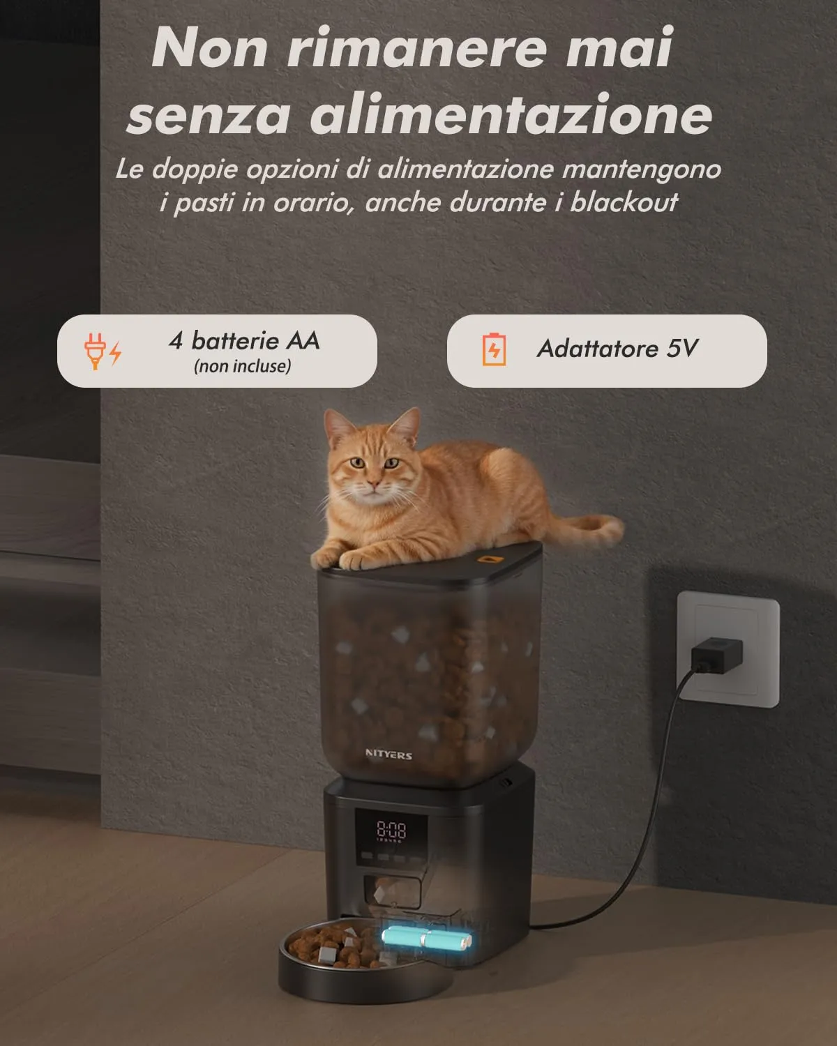 Nityers Distributore Automatico Cibo Gatti e Cani, Capacità 8L, Crocchette fino a 18 mm, Ciotola in Acciaio Inox, Alimentazione Duale, Registratore Vocale 10s, QQ-021 - immagine 7