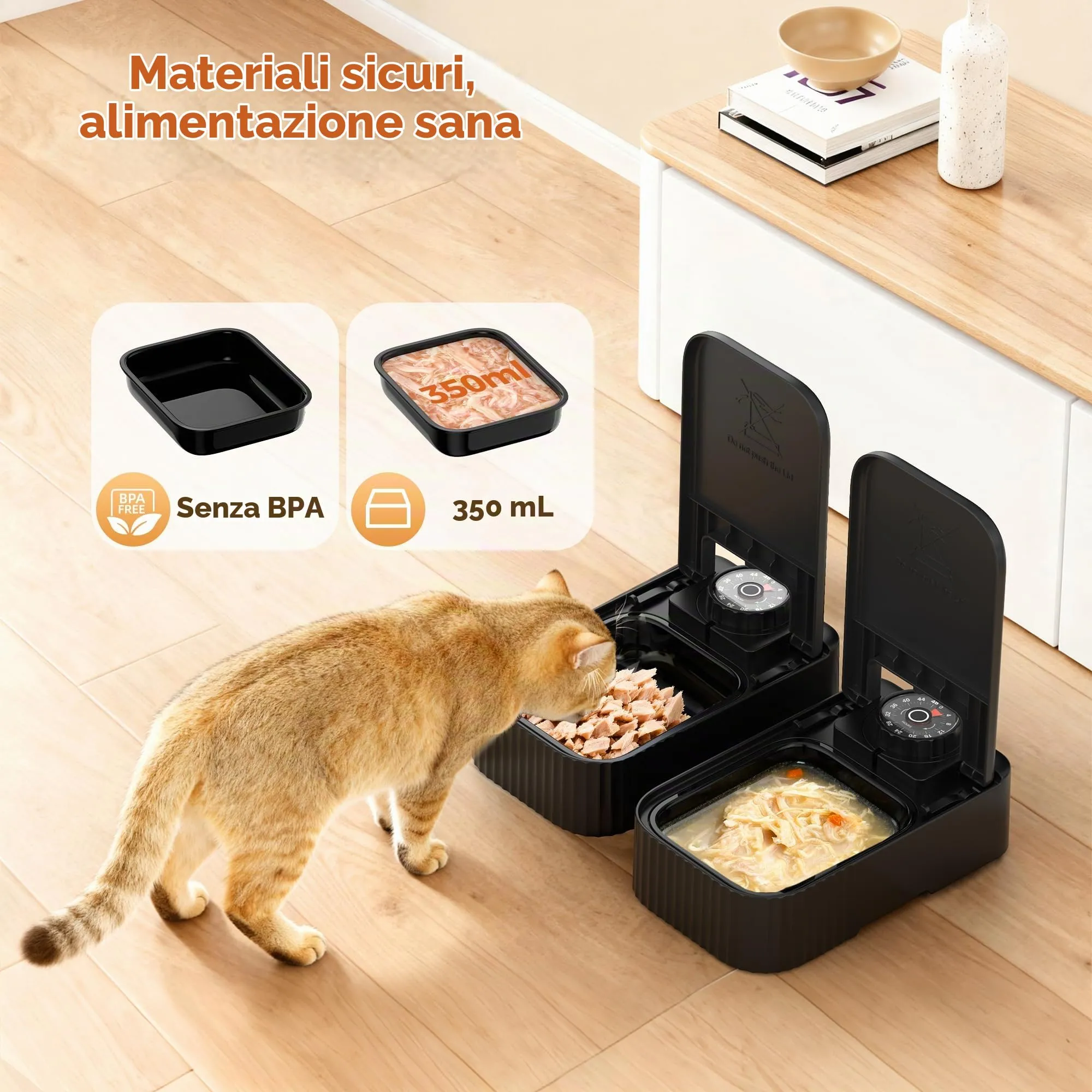SOOFPET Distributore Automatico Cibo Gatti Umido e Secco con Timer 48 Ore, Dosatore Crocchette senza Fili, 350g per Pasto, Nero - immagine 2