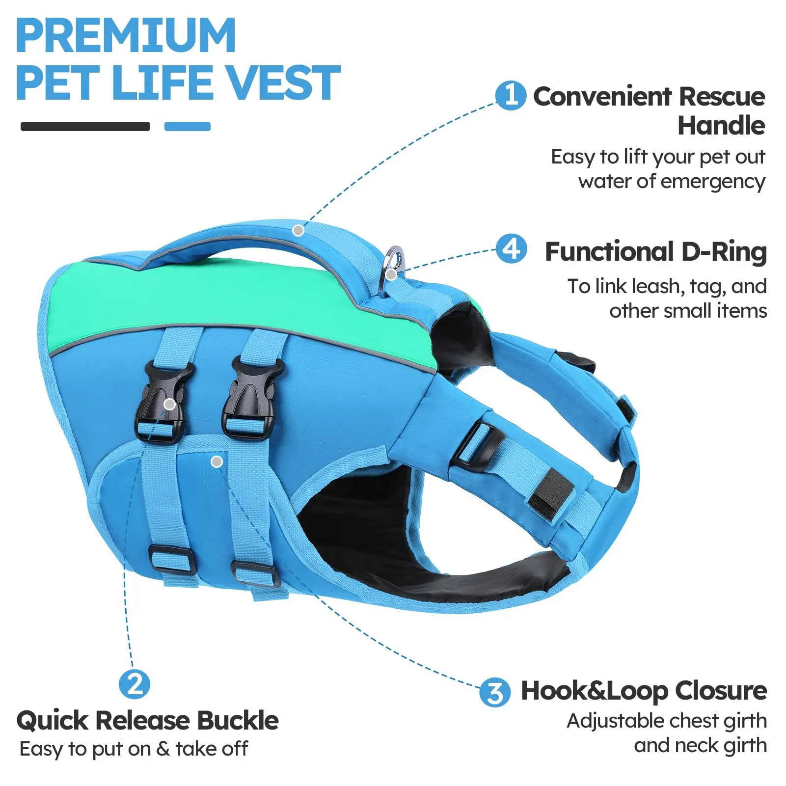 Queenmore Giubbotto Salvagente Cane, Ripstop con Maniglia di Salvataggio, Blu, S - immagine 2