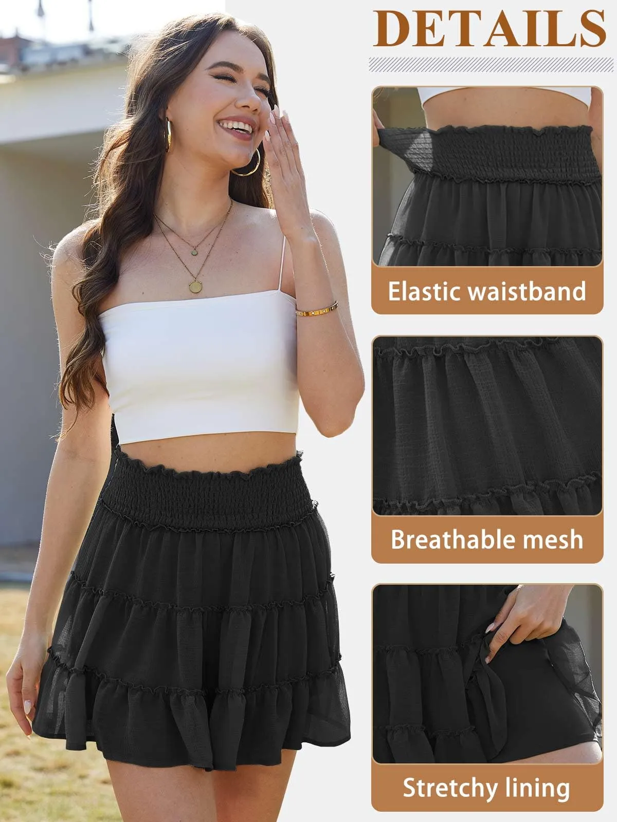 CheChury Mini Gonna Donna Vita Alta in Tulle a Balze con Pantaloncini, Tinta Unita - immagine 4