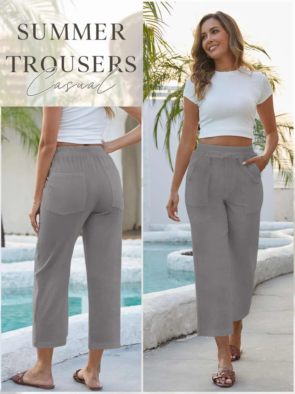 CheChury Pantaloni Donna 7/8 in Lino e Cotone, Larghi a Vita Alta con Tasche - immagine 4