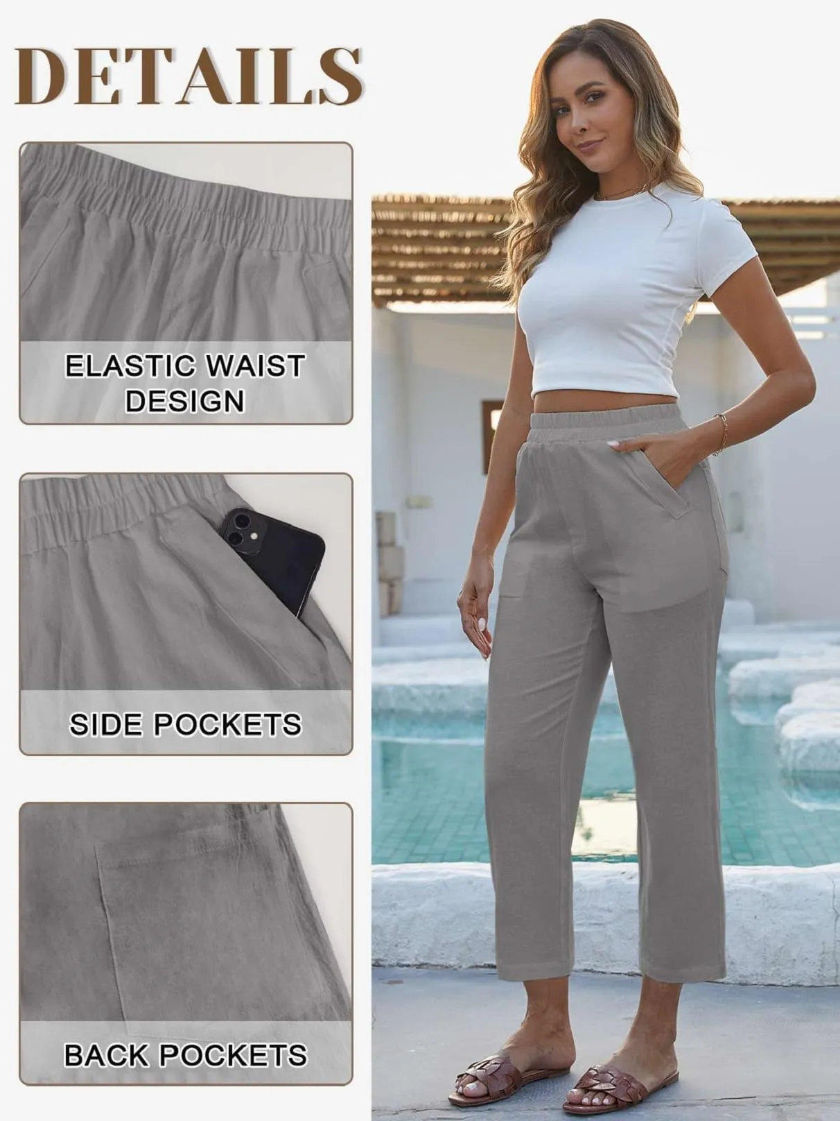 CheChury Pantaloni Donna 7/8 in Lino e Cotone, Larghi a Vita Alta con Tasche - immagine 5