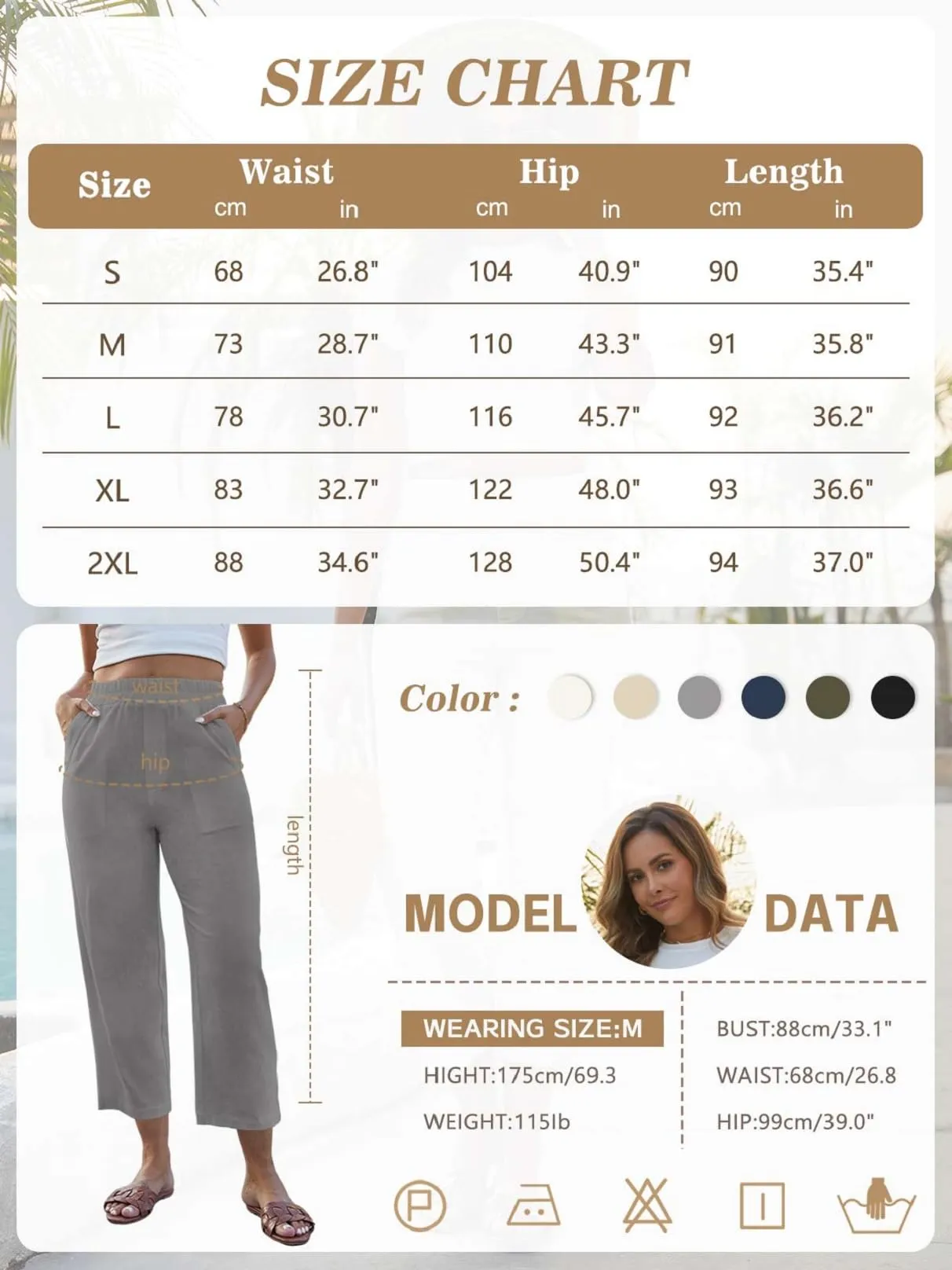 CheChury Pantaloni Donna 7/8 in Lino e Cotone, Larghi a Vita Alta con Tasche - immagine 6