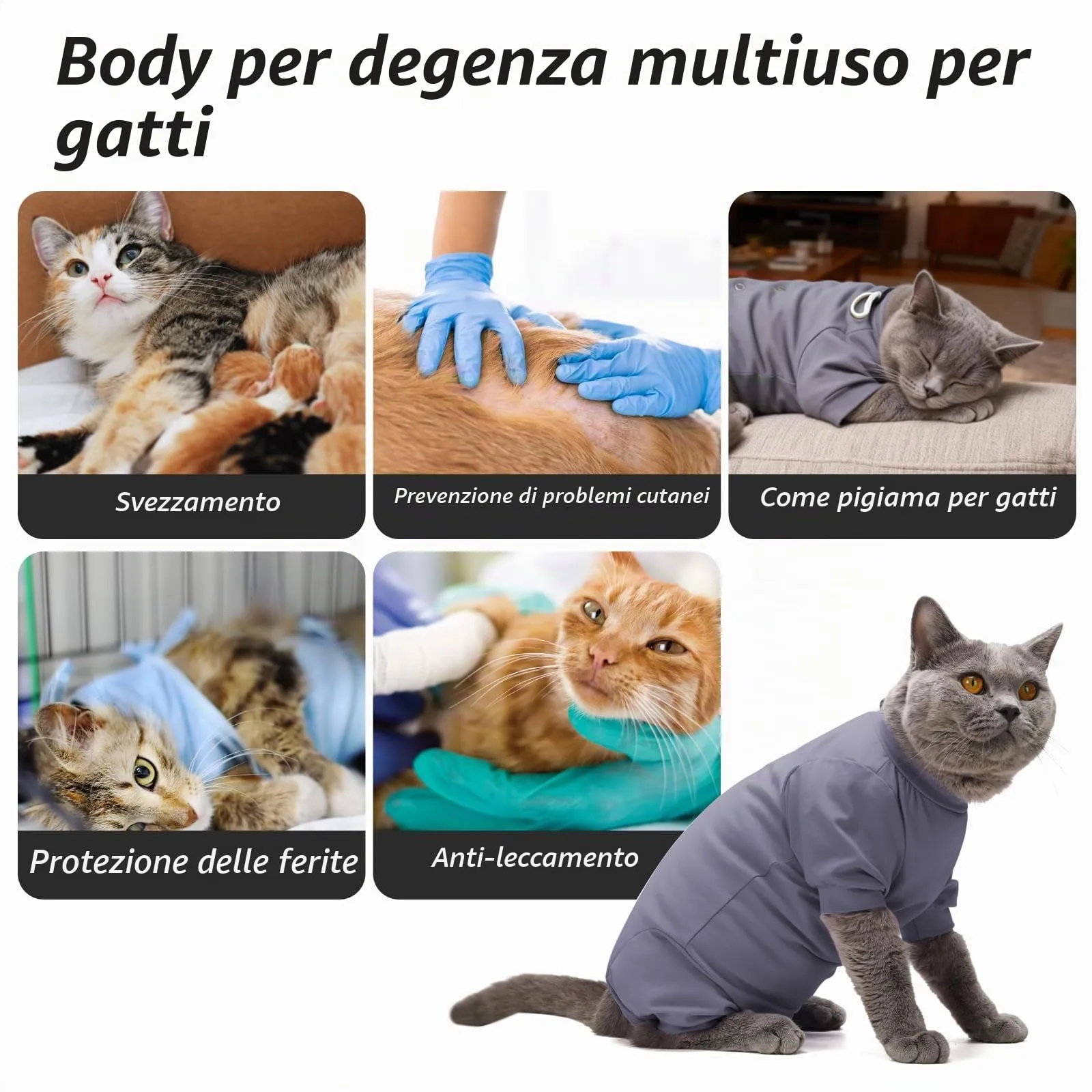 HEYWEAN Tutina Post Operatorio per Gatti, Pigiama Manica Lunga Post Intervento, Body Chirurgico per Gatti Sterilizzati, Taglia M, Grigio - immagine 6
