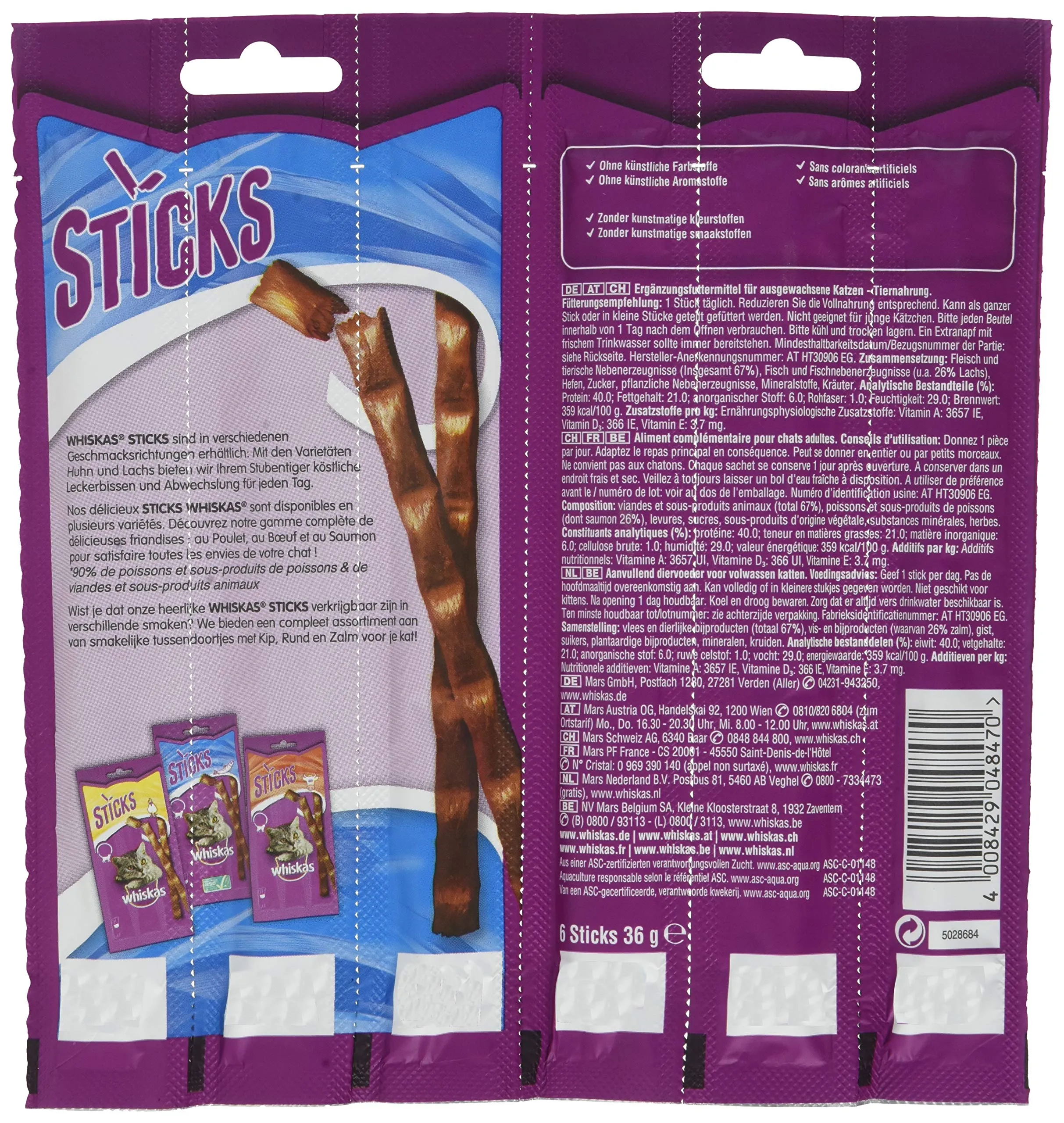 Whiskas Snack per Gatti Sticks Salmone 36 g (Confezione da 14) - immagine 2