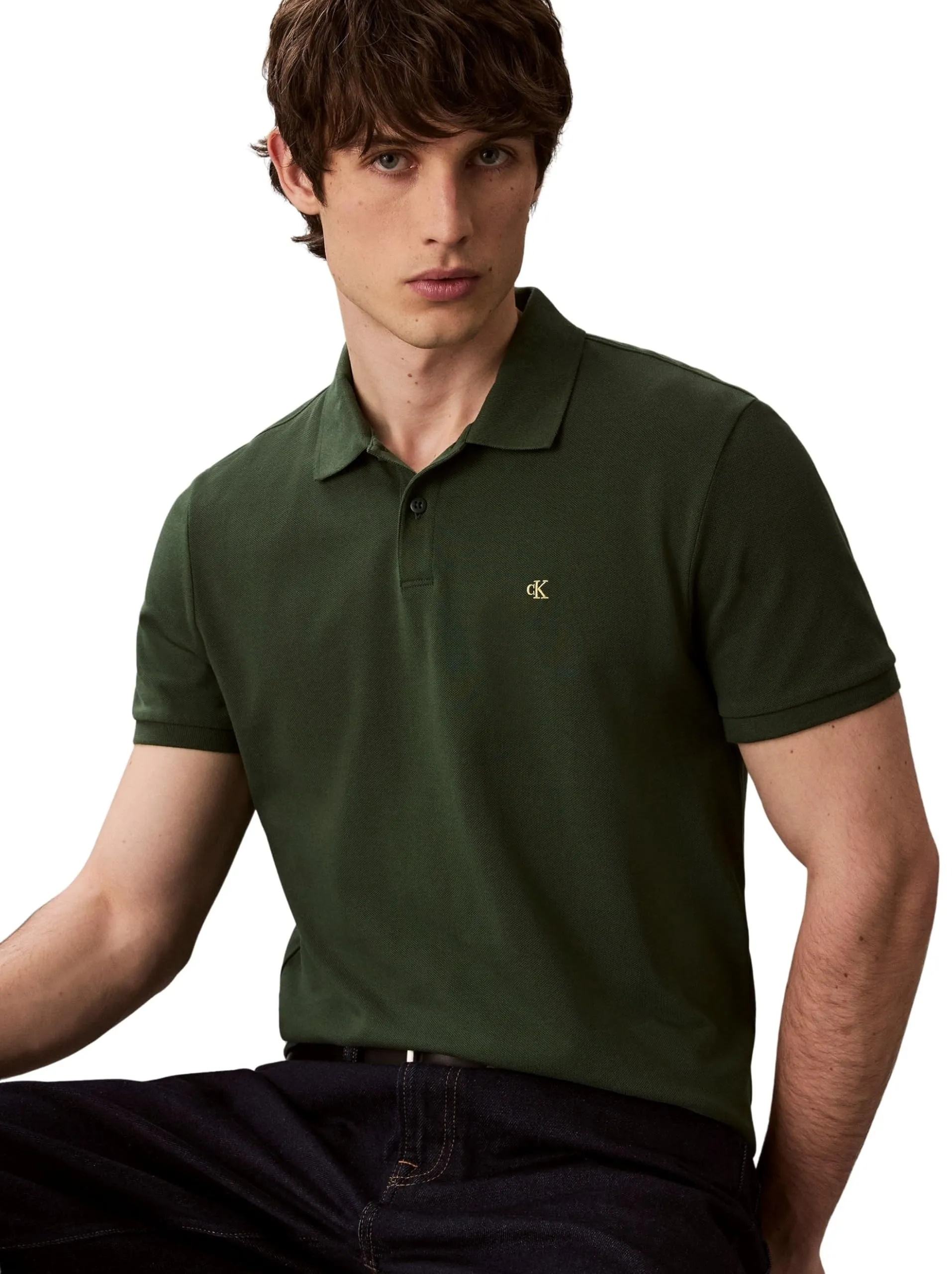 Calvin Klein Polo Monogram Pique in Cotone, Verde (Sycamore), S - immagine 6