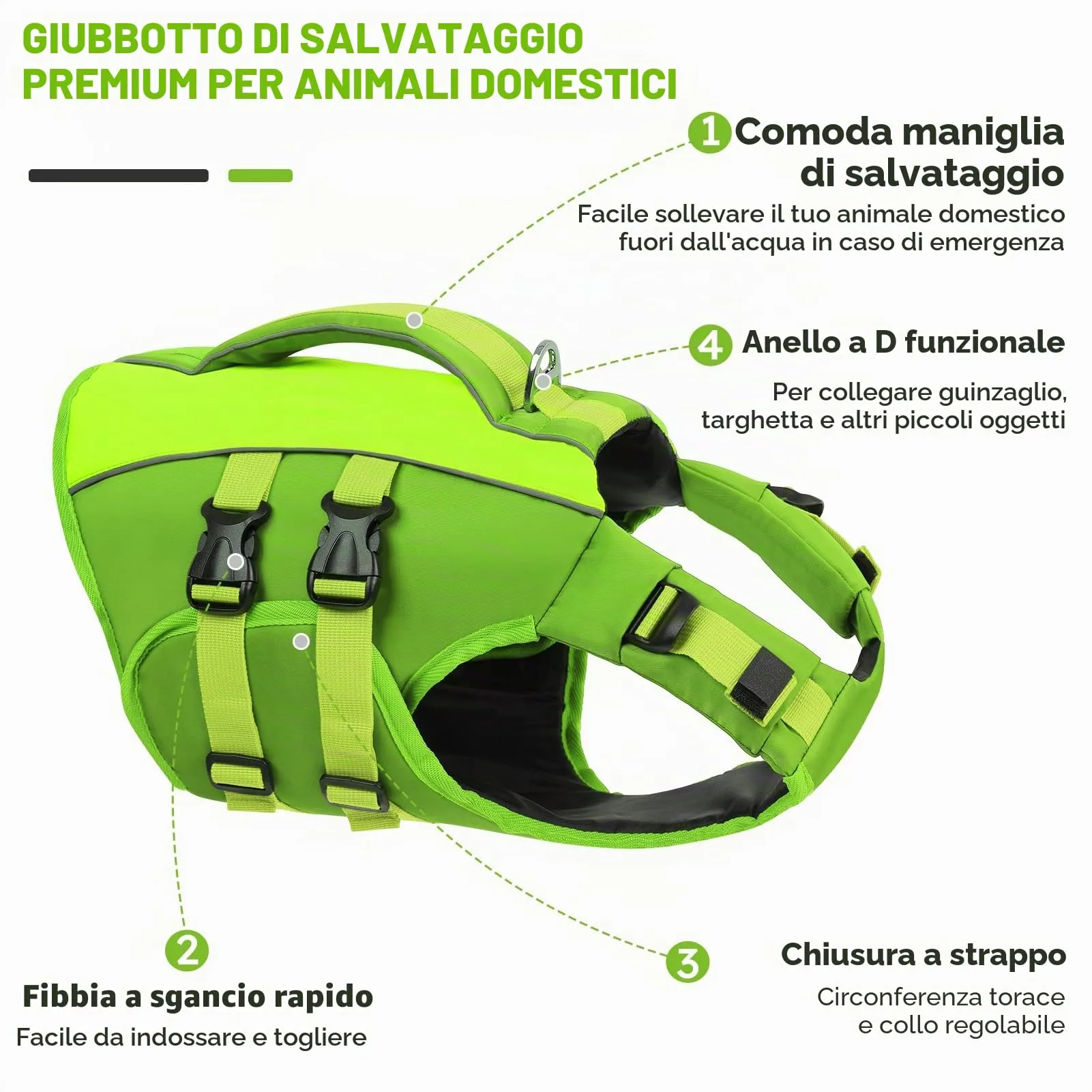 Queenmore Salvagente per Cane, Taglia XS, Verde, Regolabile con Maniglia di Salvataggio - immagine 2