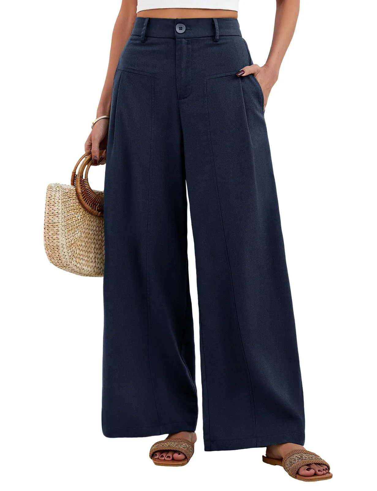 heekpek Pantaloni in Lino Donna Estivi Gamba Larga Vita Alta con Tasche, Blu Navy, XXL - immagine 1