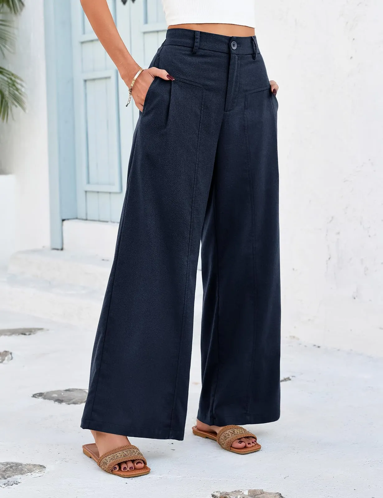heekpek Pantaloni in Lino Donna Estivi Gamba Larga Vita Alta con Tasche, Blu Navy, XXL - immagine 2