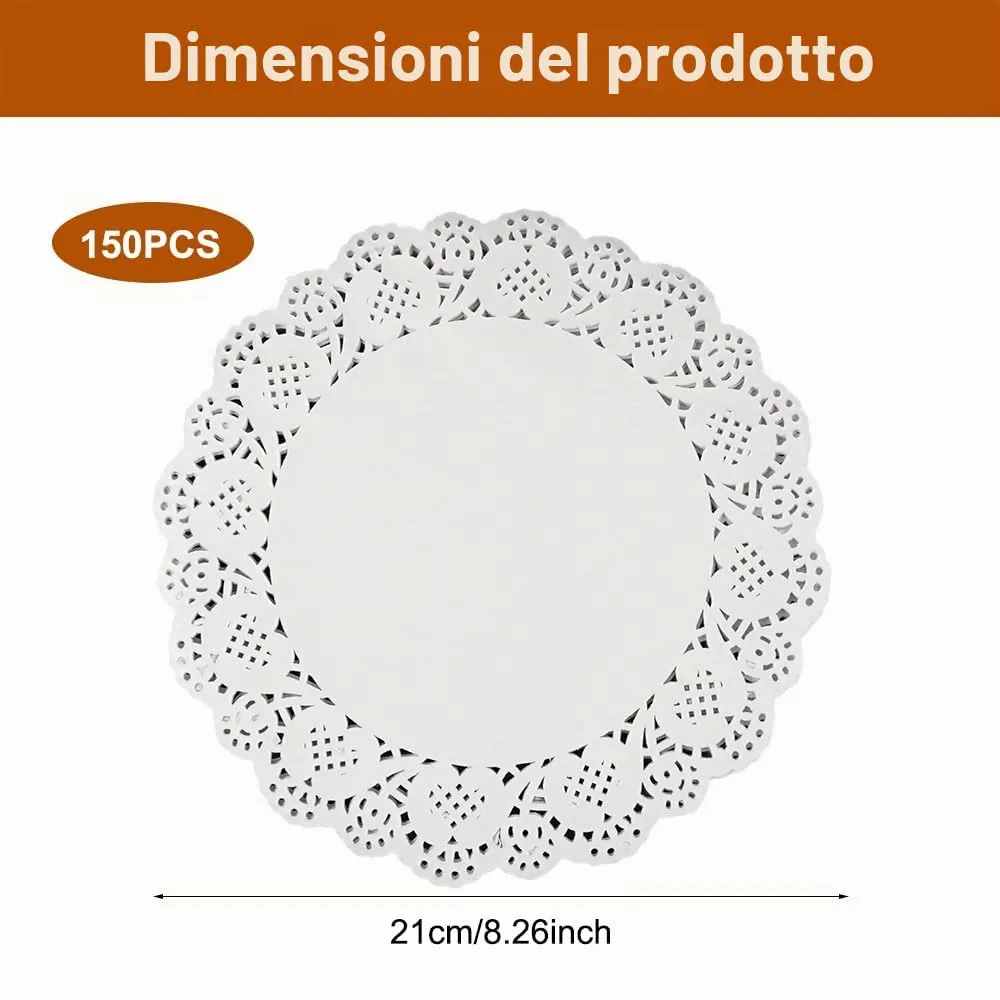 Zyren Centrini in Carta Pizzo Bianchi per Torte, 21 cm, 150 Pezzi - immagine 2