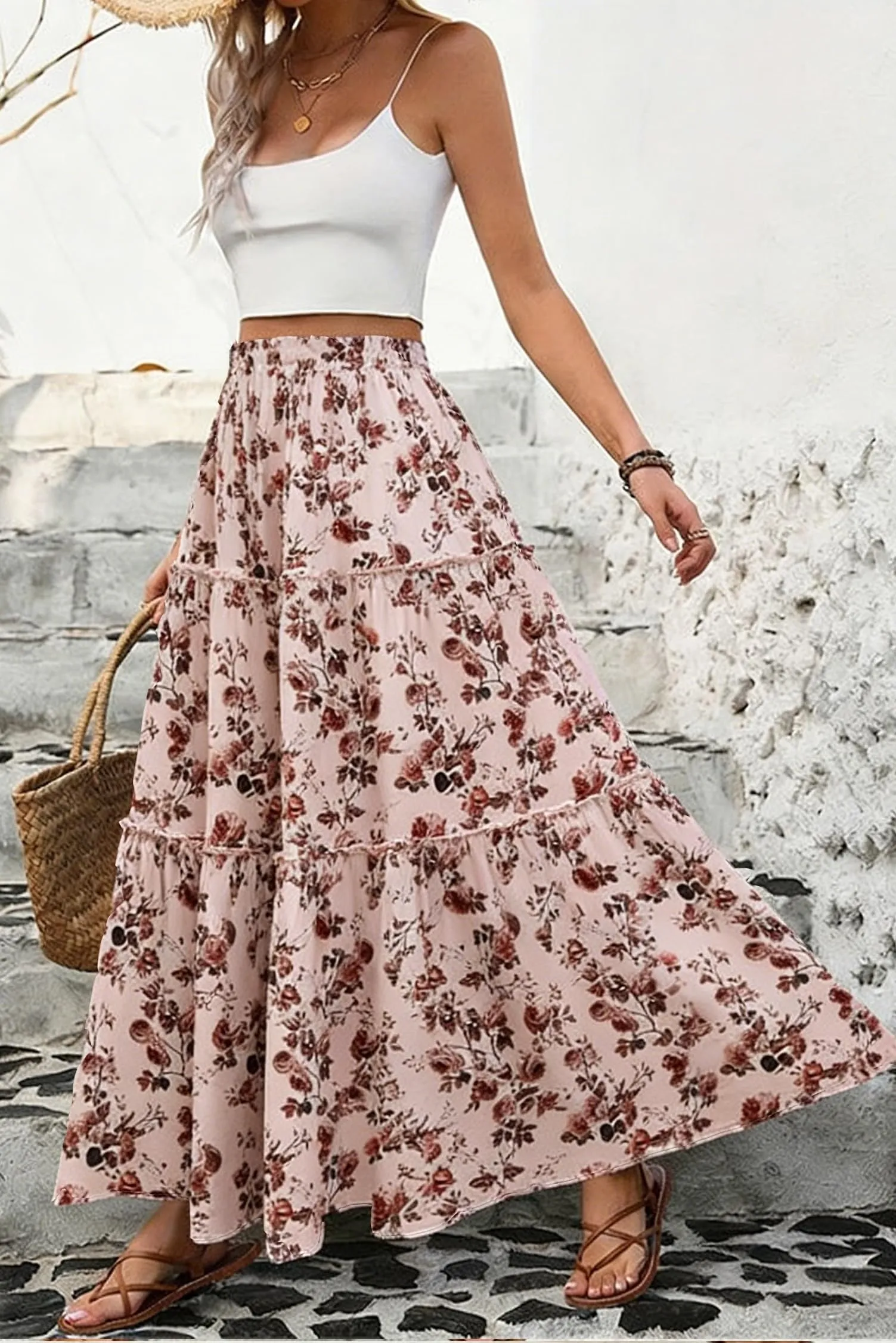Vossmi Gonna Lunga Donna Vita Alta Maxi A-Line con Coulisse, Rosa, S - immagine 3