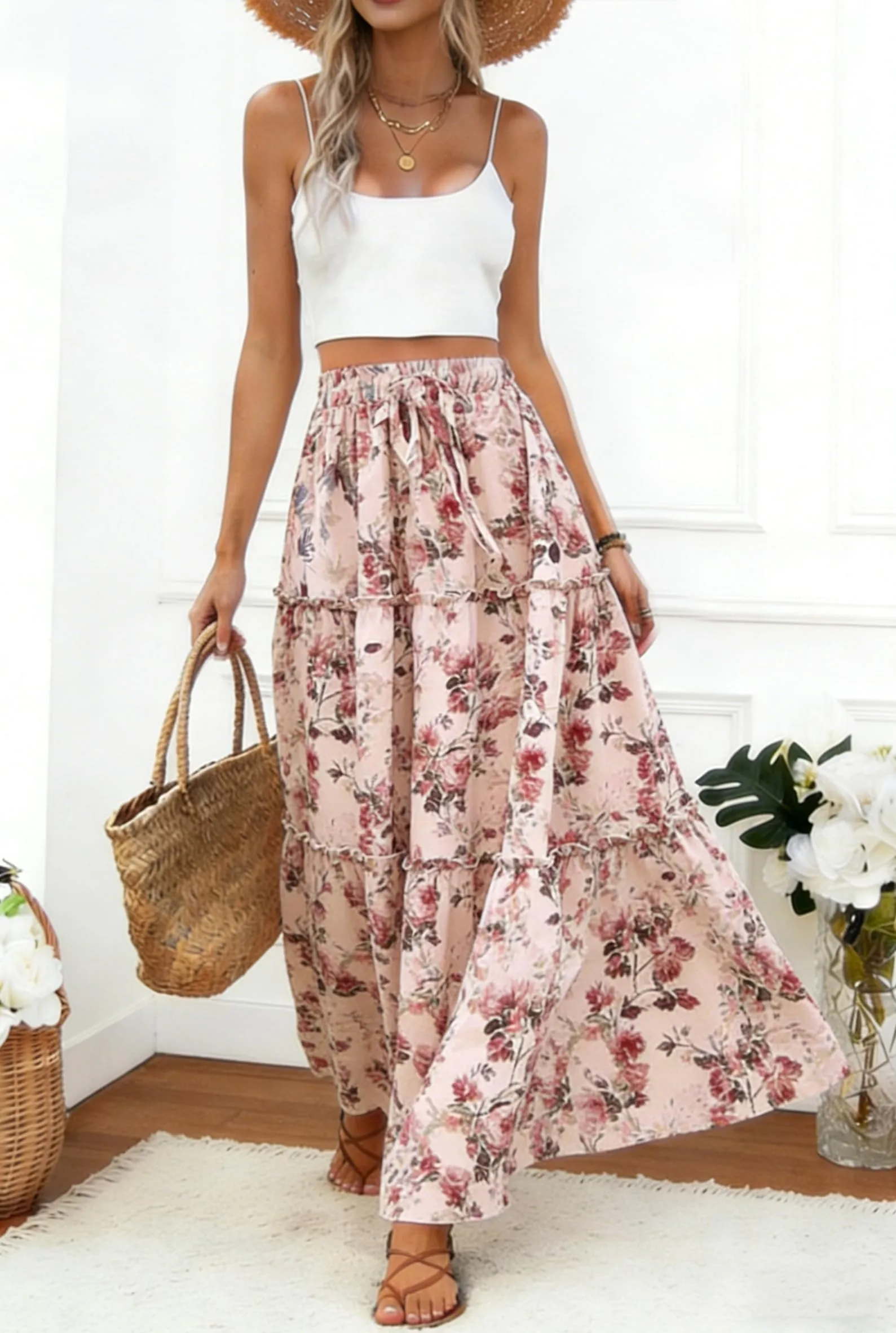Vossmi Gonna Lunga Donna Vita Alta Maxi A-Line con Coulisse, Rosa, S - immagine 5