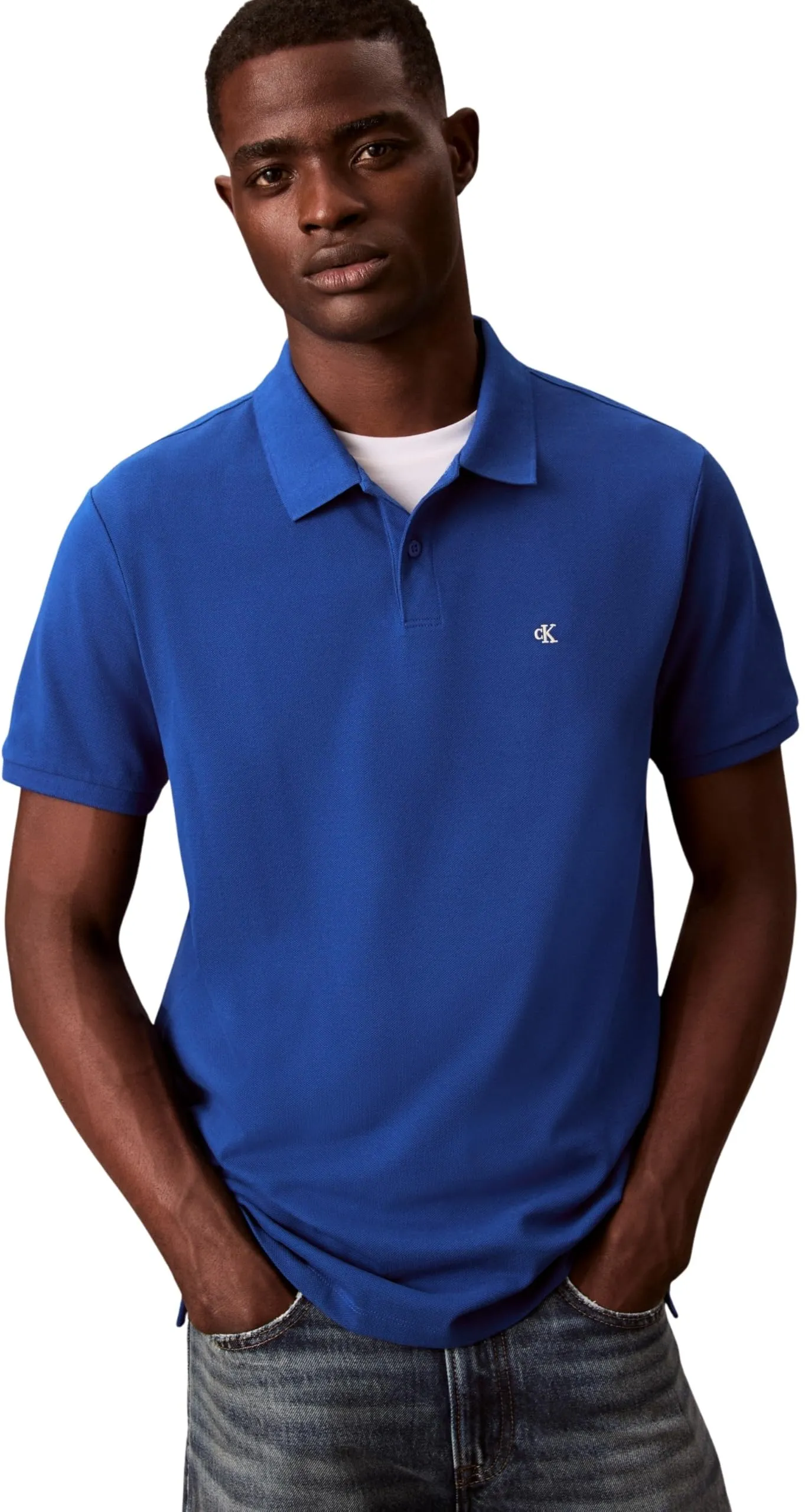 Calvin Klein Polo Monogram Pique in Cotone, Grigio Chase Blue, M - immagine 1