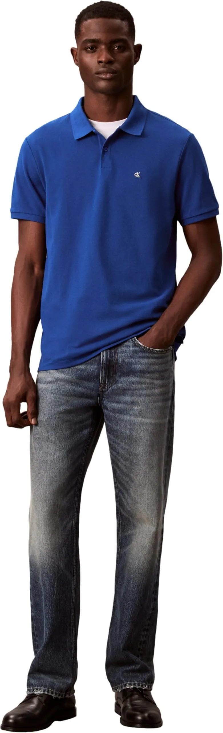 Calvin Klein Polo Monogram Pique in Cotone, Grigio Chase Blue, M - immagine 5