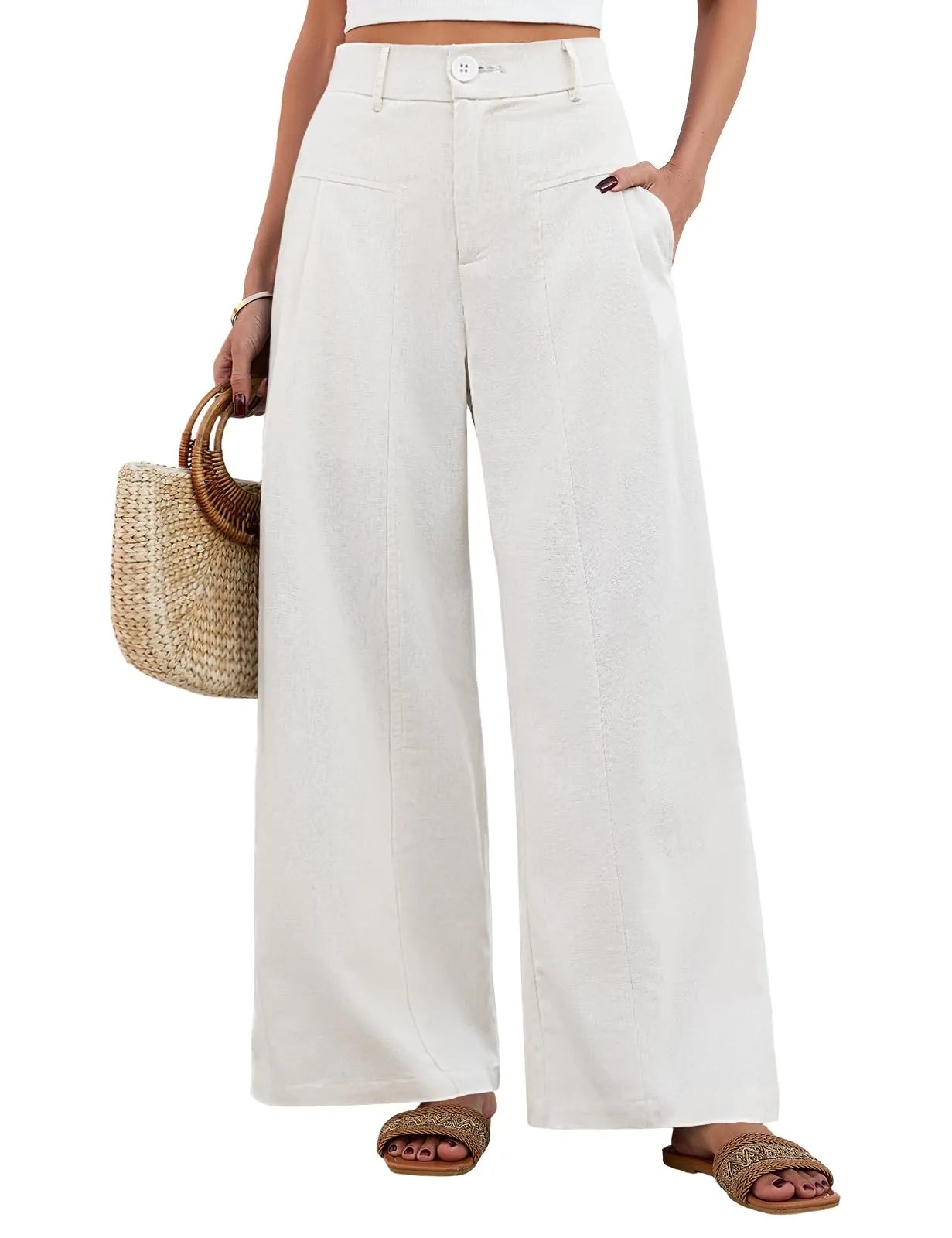 heekpek Pantaloni in Lino Donna Estivi a Gamba Larga con Vita Alta e Tasche - Bianco, L - immagine 1