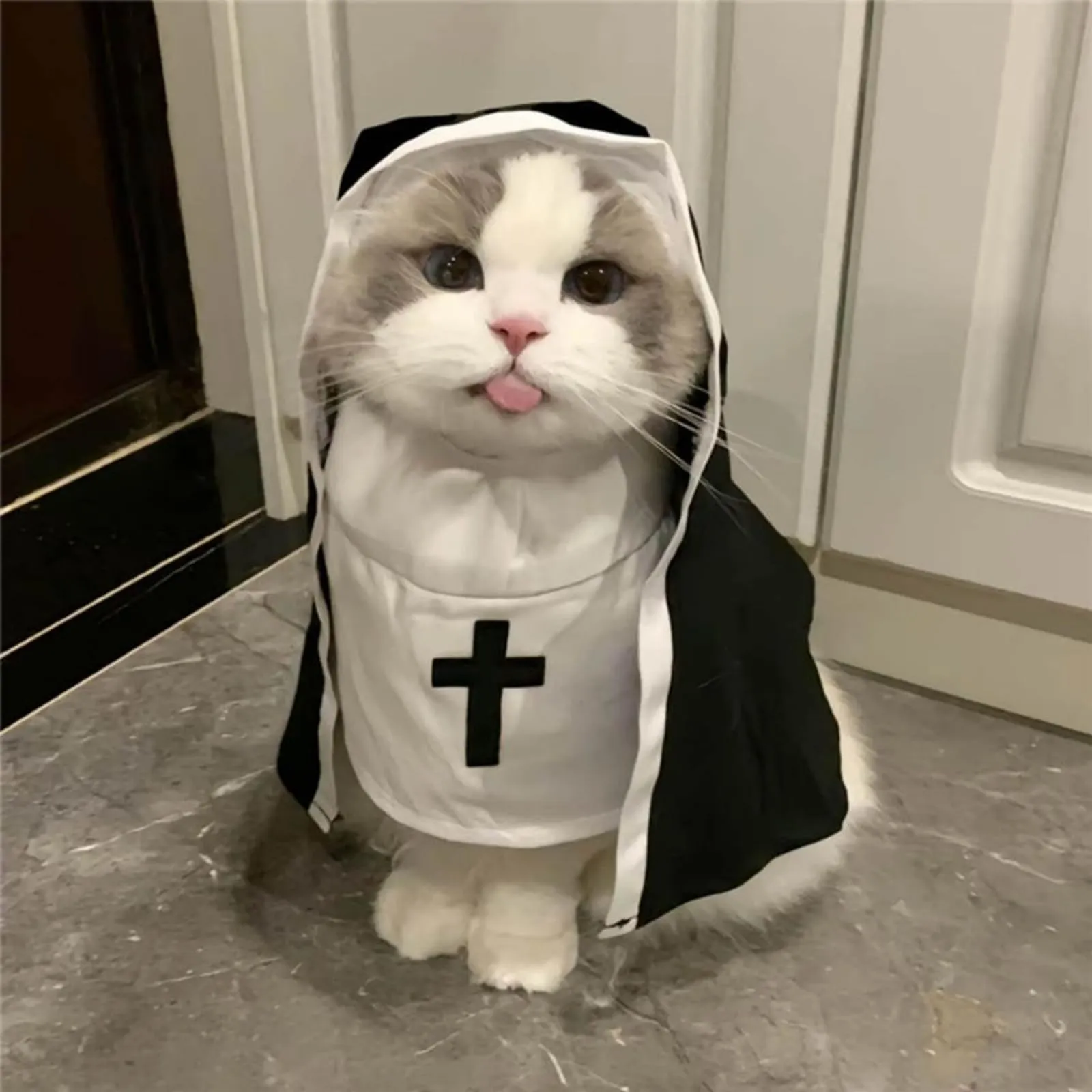Costume da Suora per Gatti e Cani di Piccola Taglia con Cappuccio, Taglia S - immagine 1