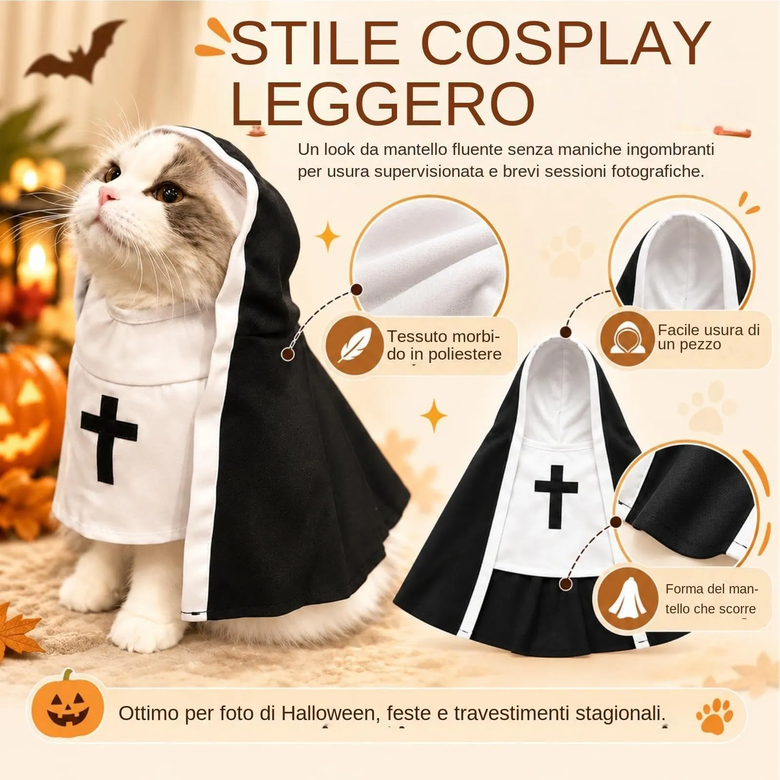 Costume da Suora per Gatti e Cani di Piccola Taglia con Cappuccio, Taglia S - immagine 6