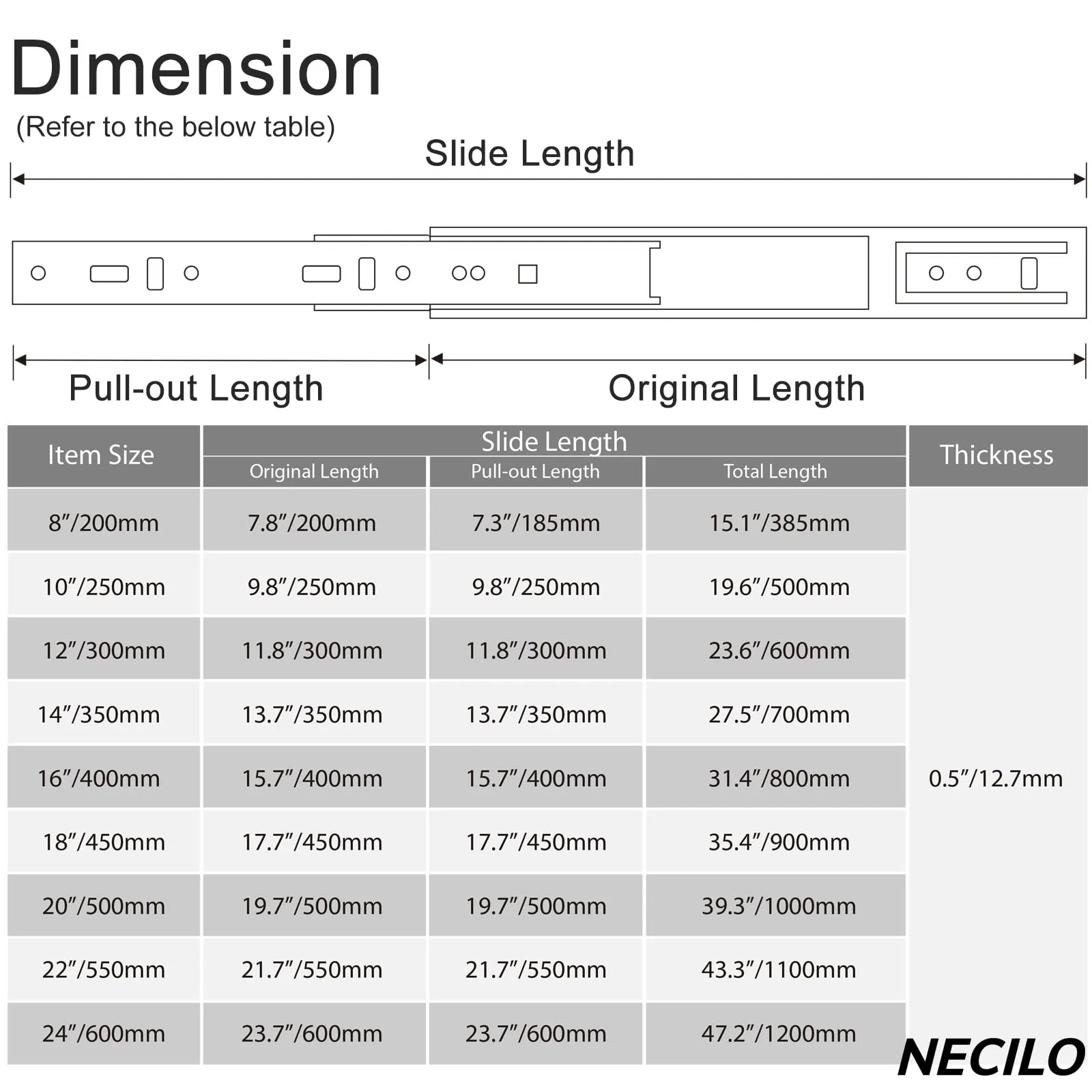 NECILO Guide per Cassetti 500 mm, Portata 45 kg, Estrazione Totale (5 Coppie) - immagine 2