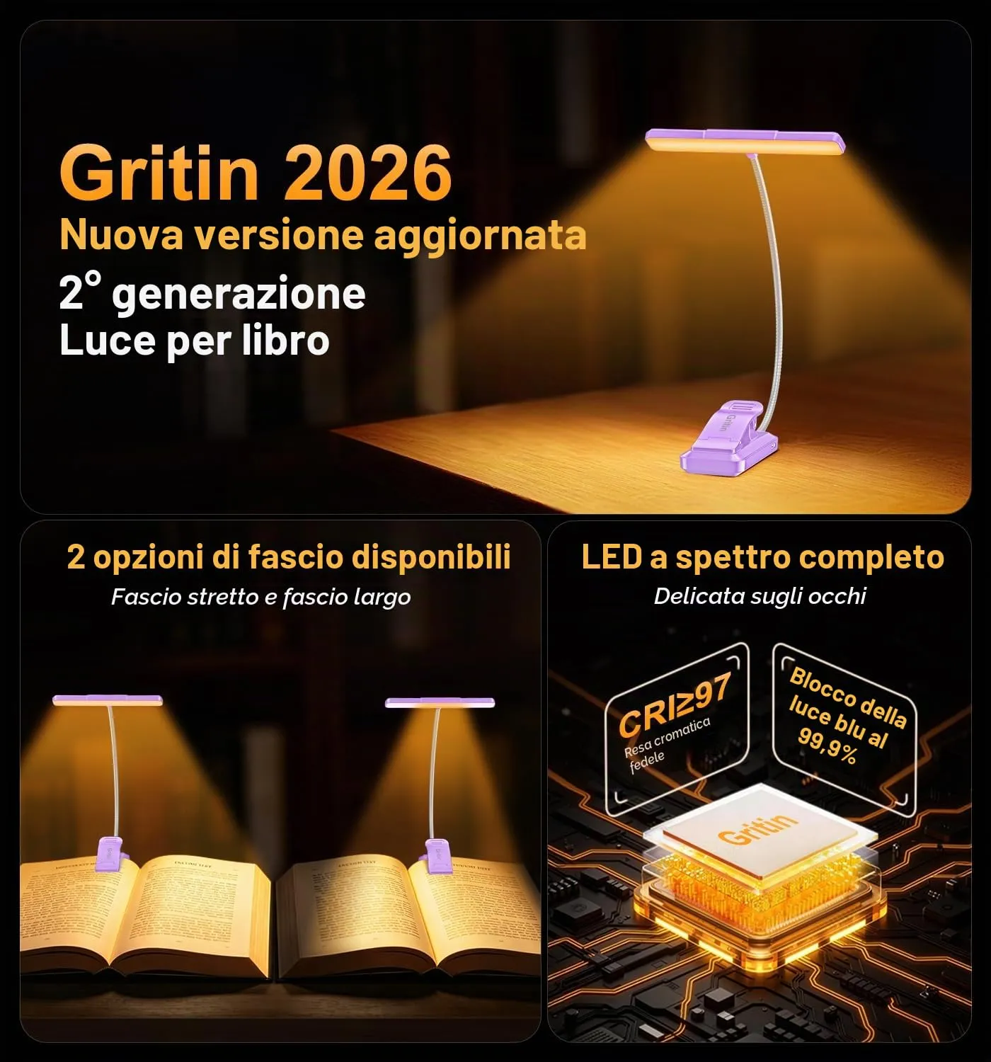 Gritin 2026 Luce per Lettura Libri a Letto, 32 LED Spettro Completo - immagine 2