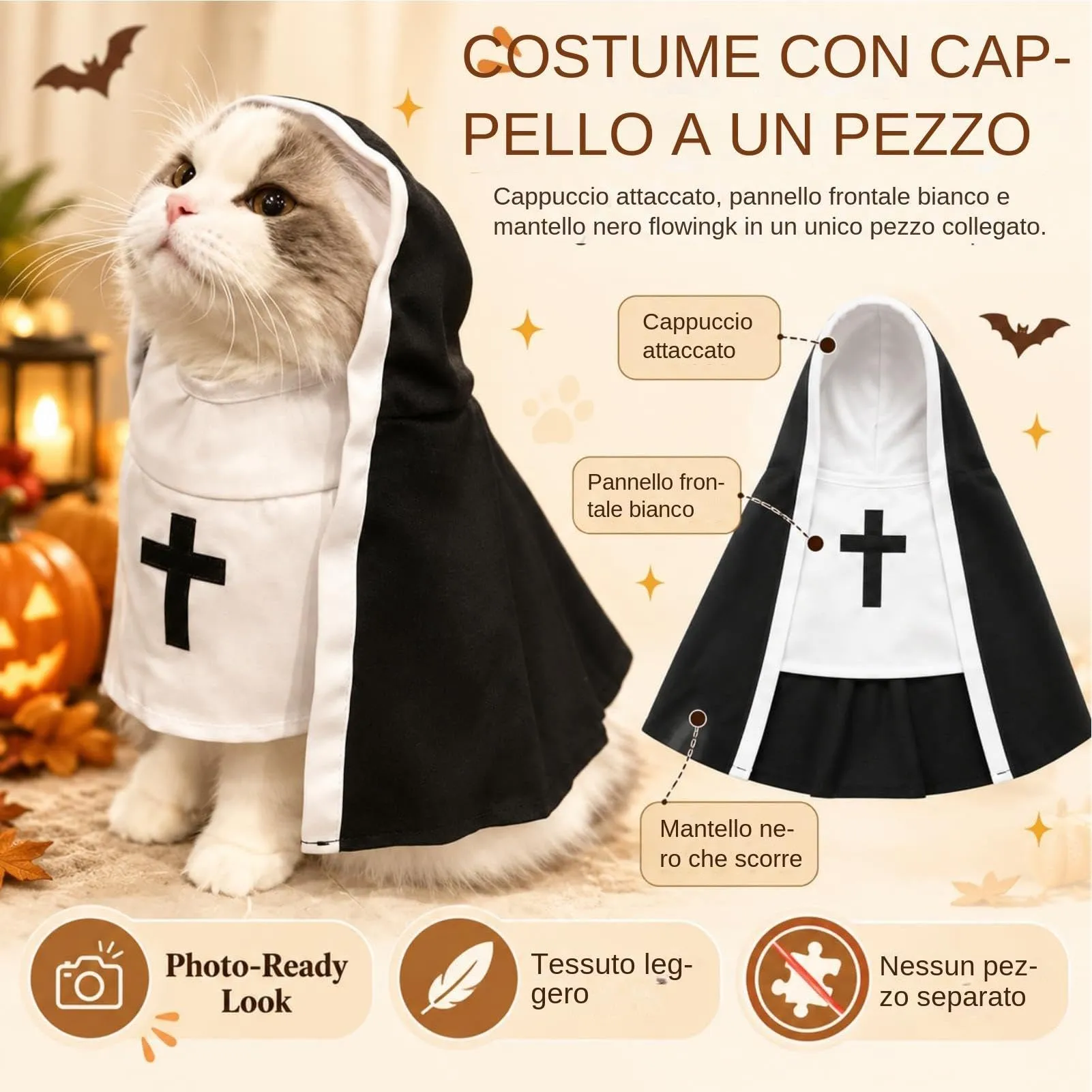 Costume da suora gatto con cappuccio per animali, taglia M - immagine 3