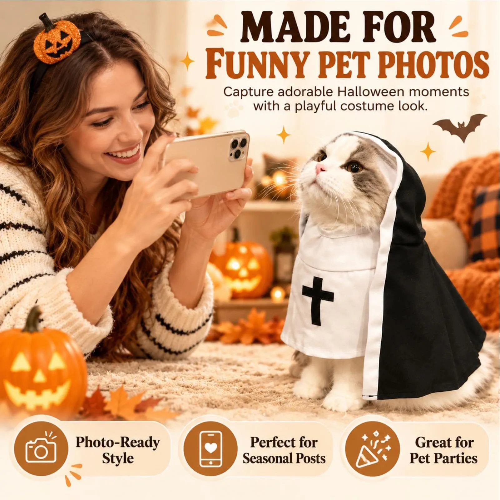 Costume da suora gatto con cappuccio per animali, taglia M - immagine 5