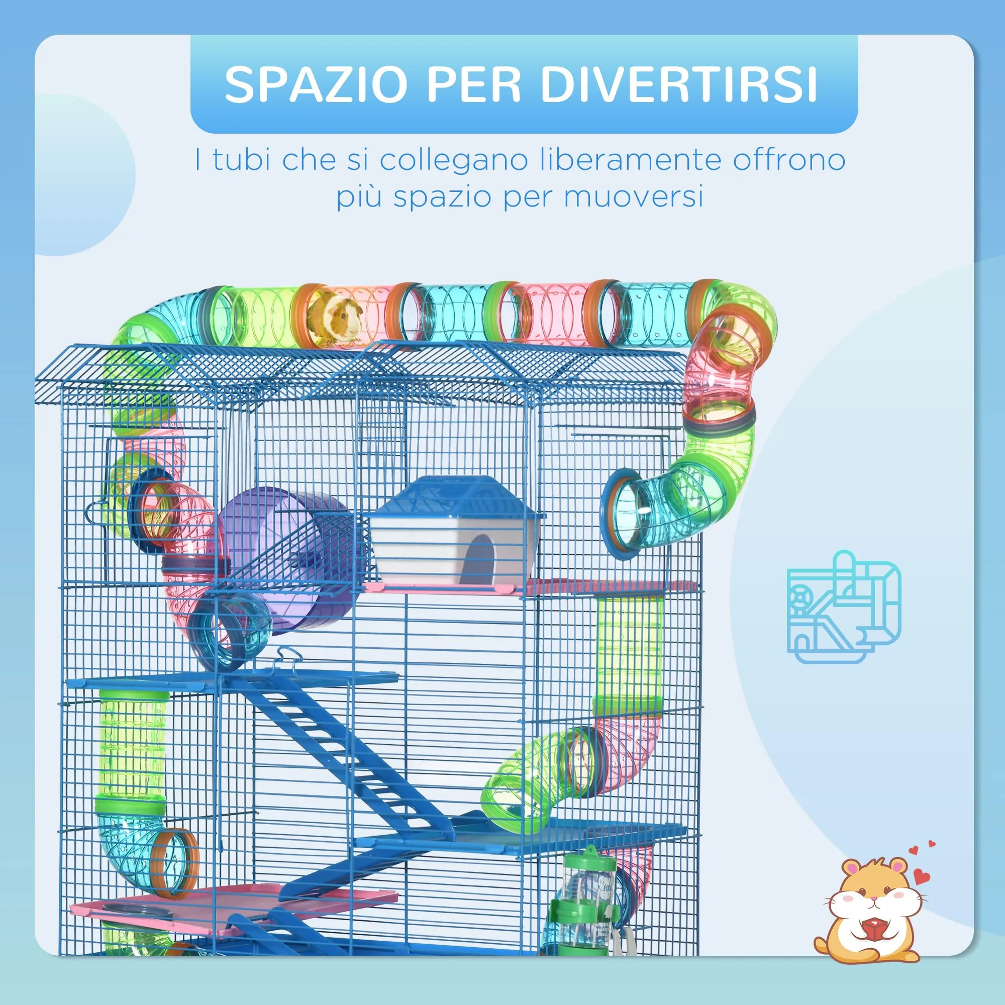 PawHut Gabbia per Criceti e Roditori a 5 Piani con Ruota, 47x30x59cm, Blu - immagine 6