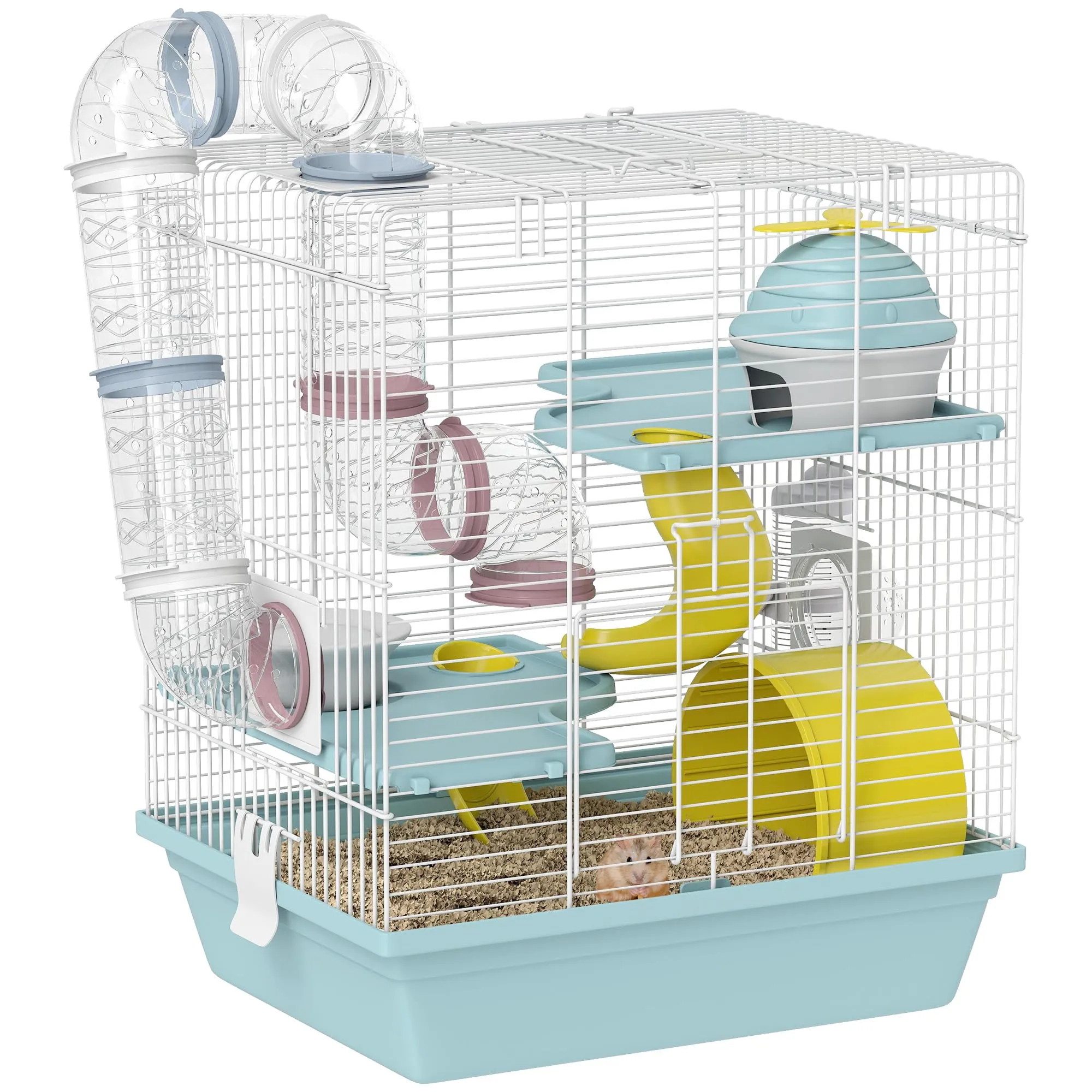 PawHut Gabbia per Criceti 3 Livelli con 12 Tubi, 34.5x27.5x41 cm, Blu - immagine 1