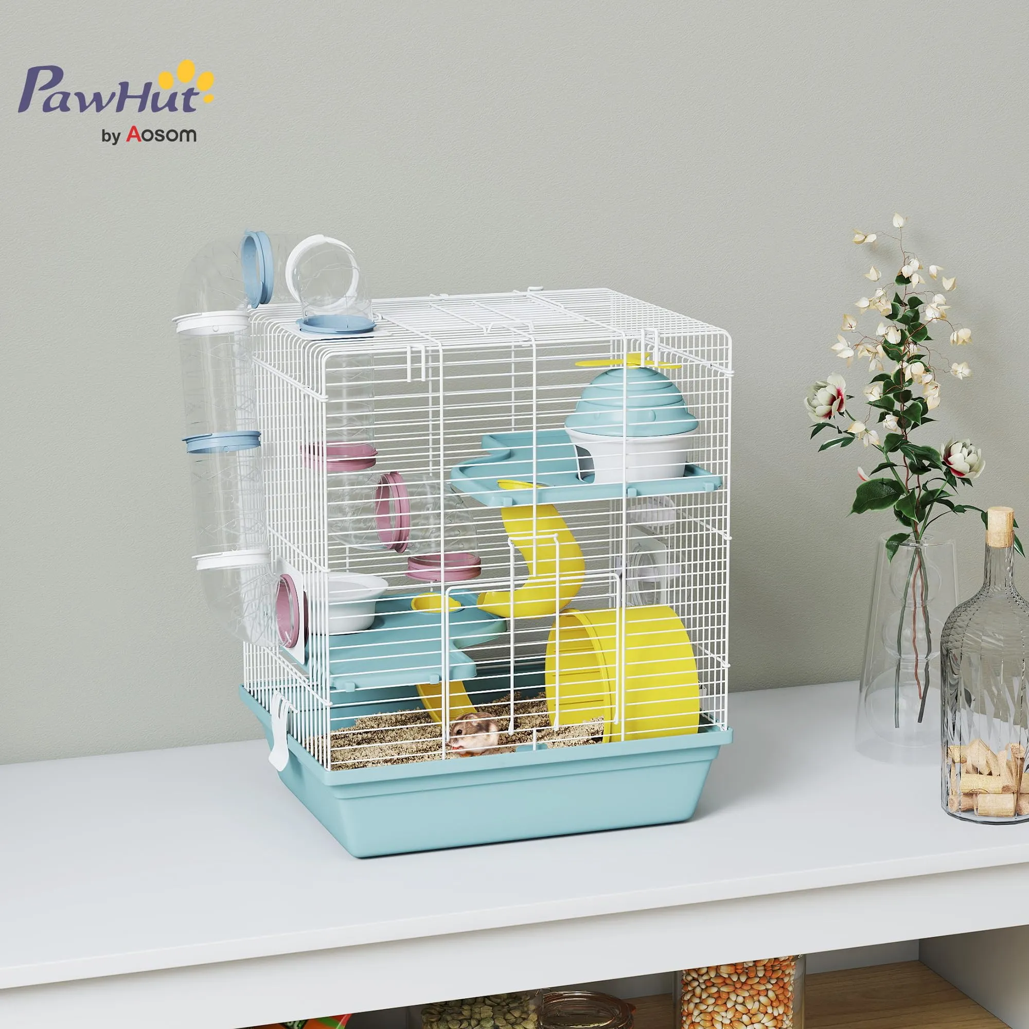 PawHut Gabbia per Criceti 3 Livelli con 12 Tubi, 34.5x27.5x41 cm, Blu - immagine 2