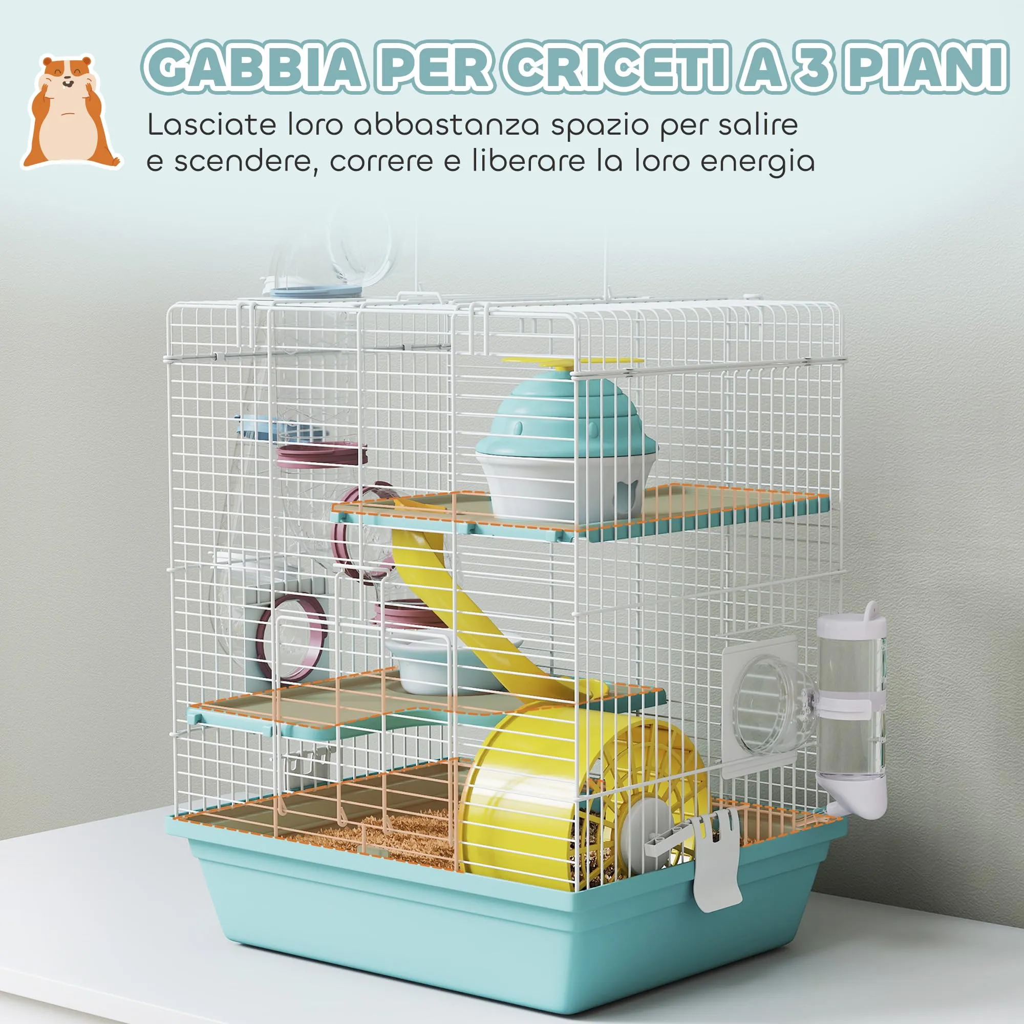 PawHut Gabbia per Criceti 3 Livelli con 12 Tubi, 34.5x27.5x41 cm, Blu - immagine 3