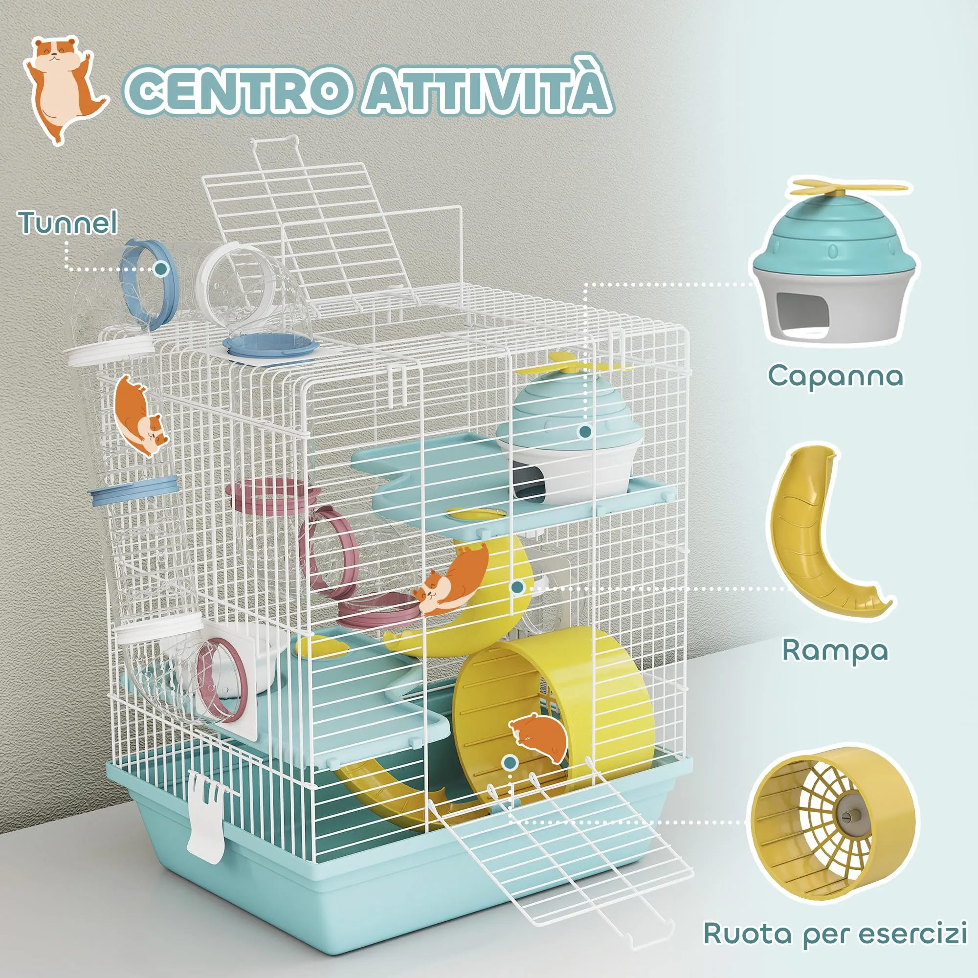 PawHut Gabbia per Criceti 3 Livelli con 12 Tubi, 34.5x27.5x41 cm, Blu - immagine 4